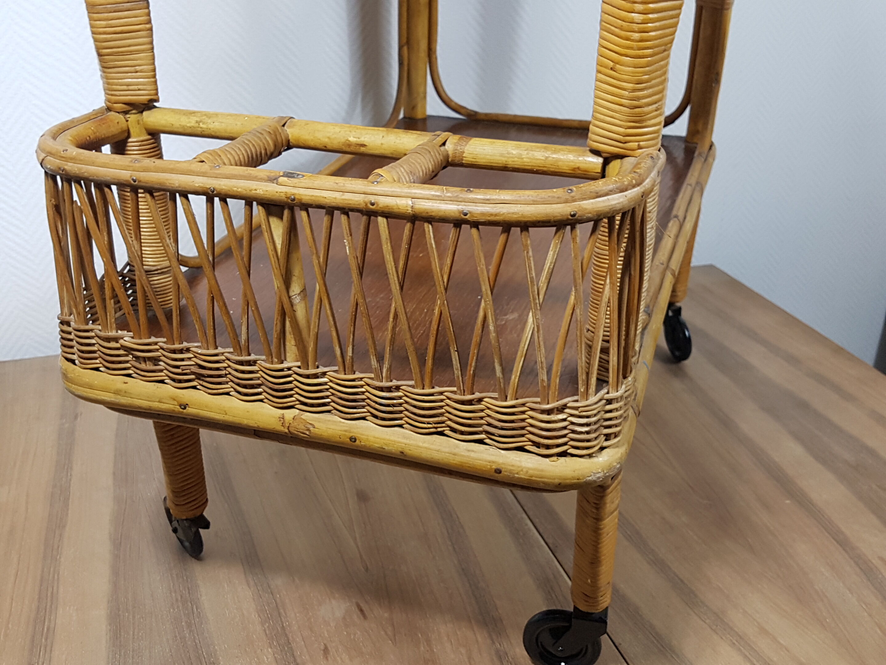 Vintage 70s rattan bar on wheels
