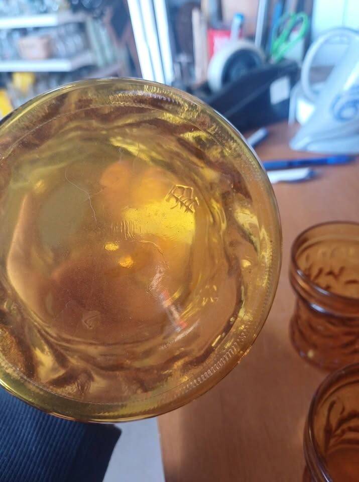 Vintage "BRF" Amber Carafe and 3 Glasses