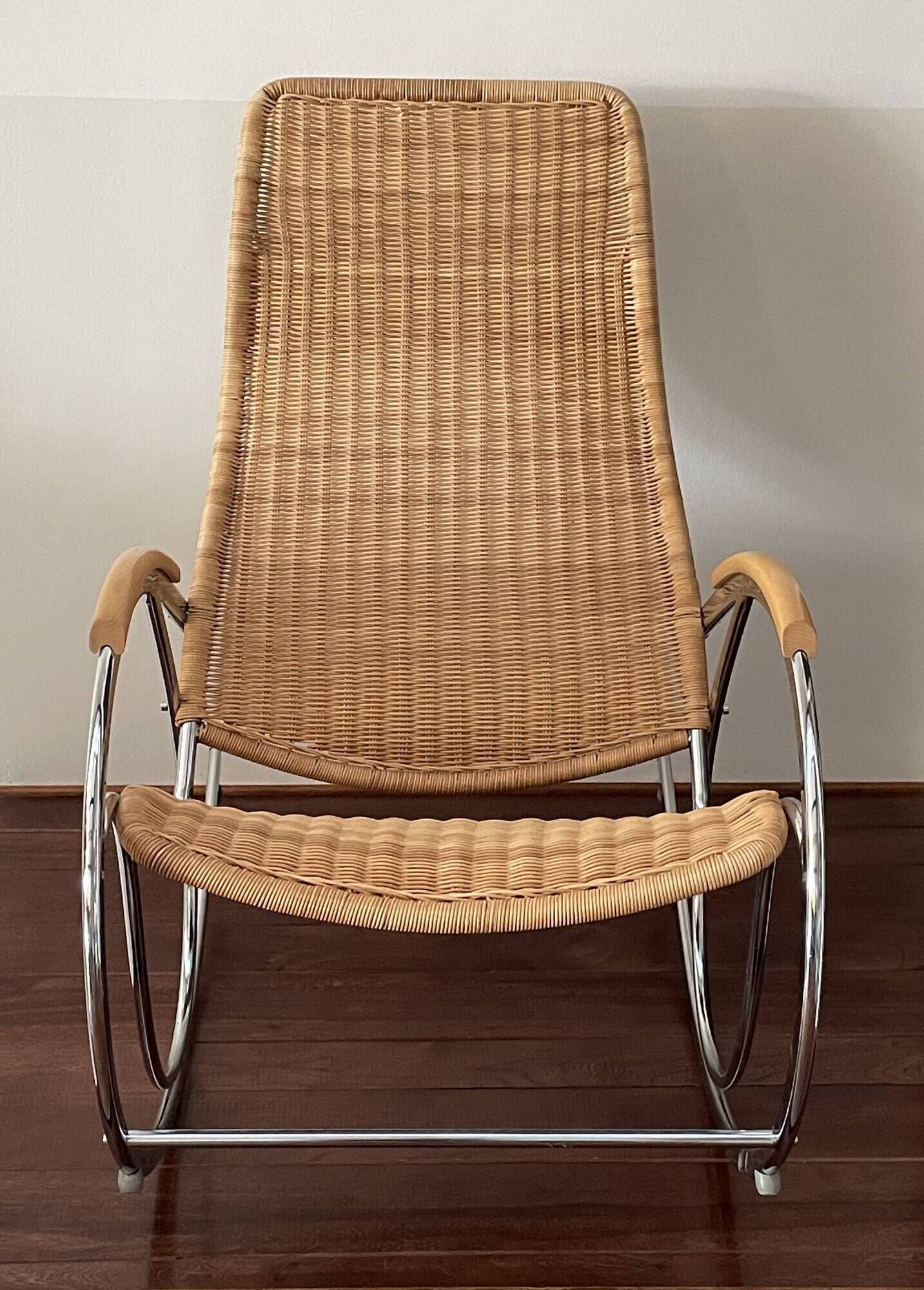 Bauhaus style rocking chair, chrome metal, rattan and beech wood, 1960-70