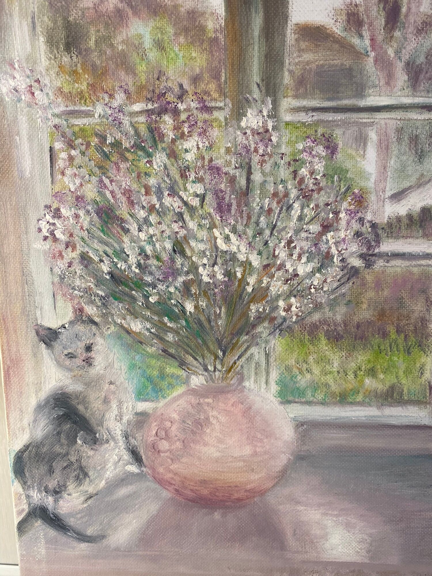 Old painting, still life with bouquet of flower and cat 80s