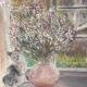 Old painting, still life with bouquet of flower and cat 80s
