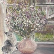 Old painting, still life with bouquet of flower and cat 80s
