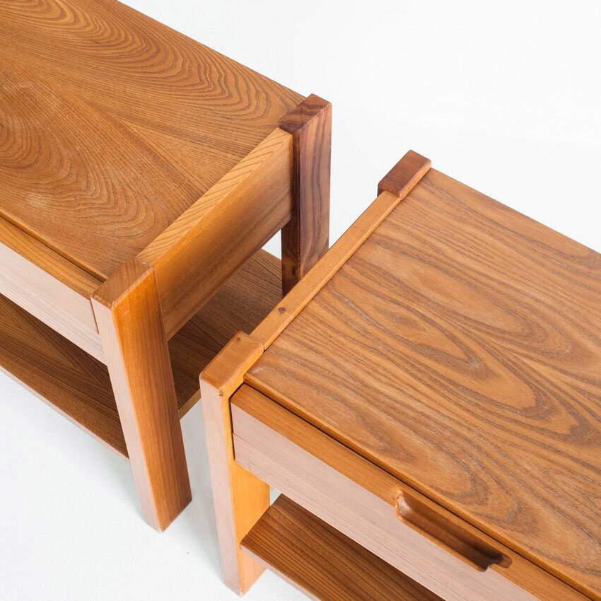 Pair of vintage bedside tables. Elm wood. France, 1970s