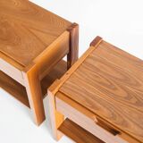 Pair of vintage bedside tables. Elm wood. France, 1970s