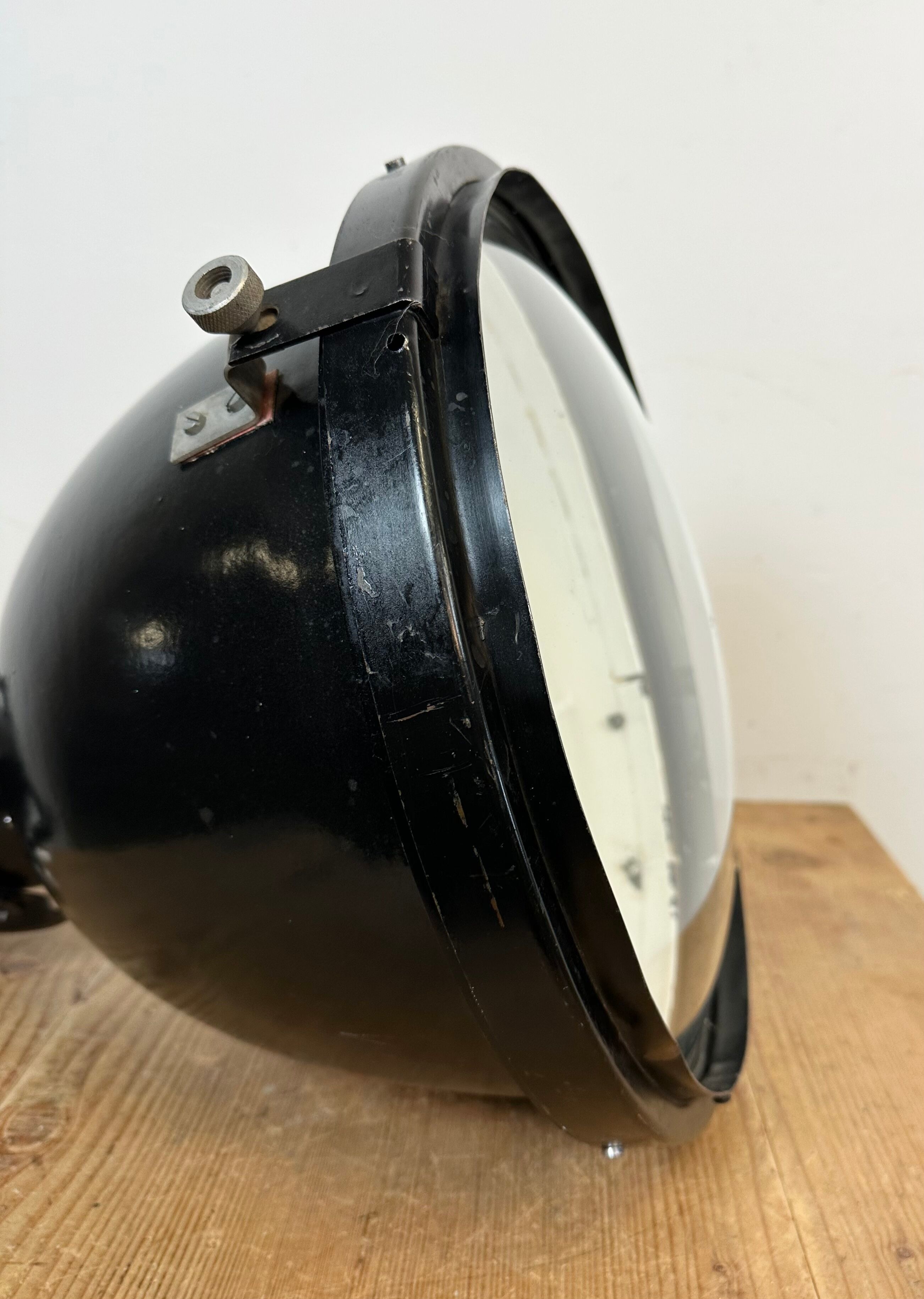 Industrial Black Enamel Factory Spotlight with Convex Glass Cover, 1960s
