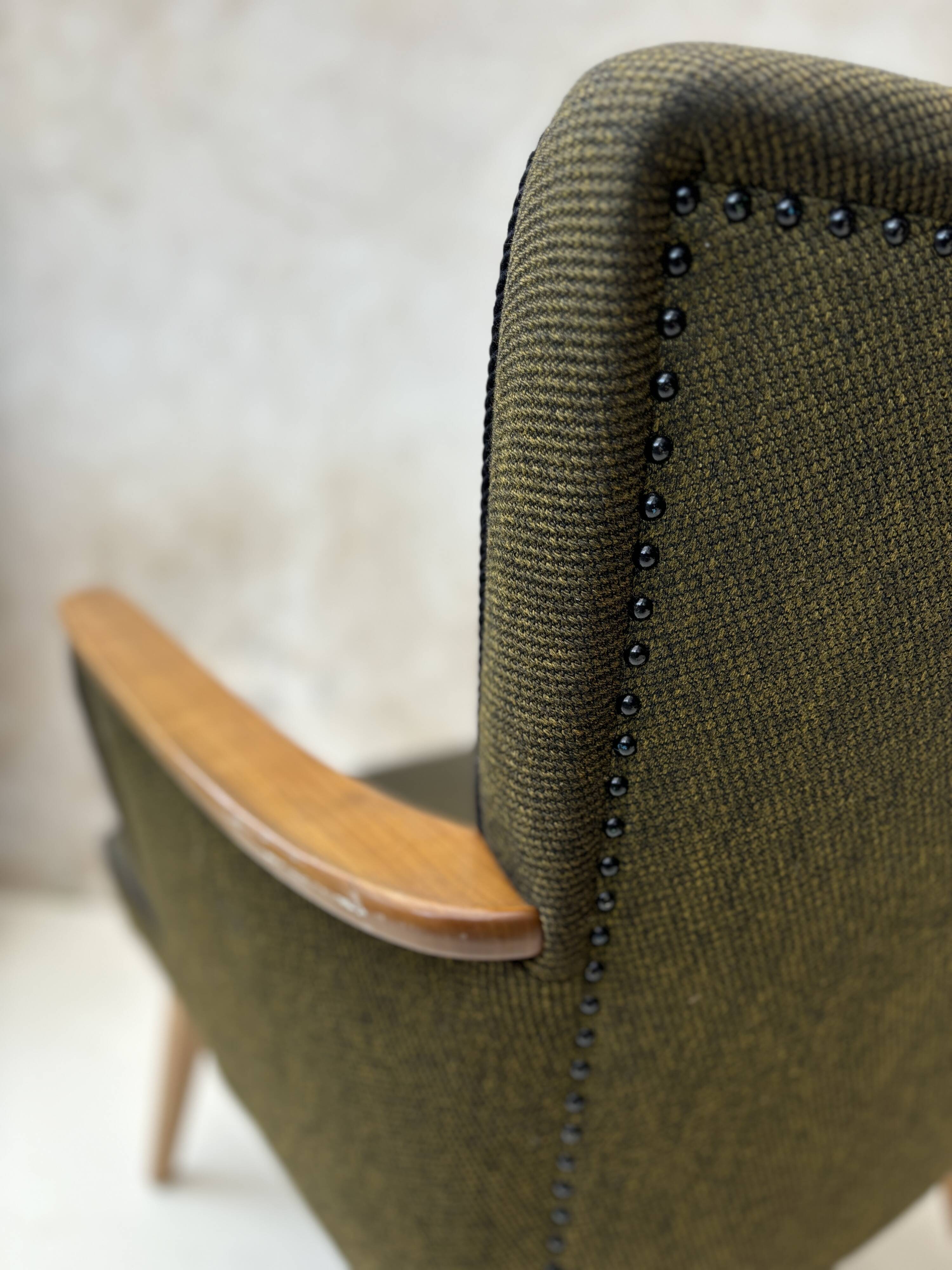 Pair of vintage wooden and fabric armchairs from the 1960s.