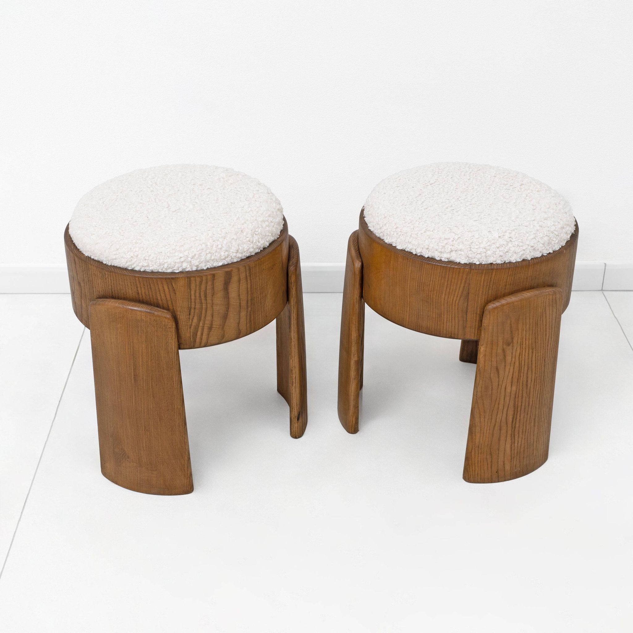 Pair of Art Deco Style Ash Wood Stools Upholstered in White Bouclé
