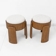 Pair of Art Deco Style Ash Wood Stools Upholstered in White Bouclé