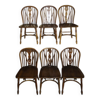Lot de 6 chaises Windsor à dossier lyre en chêne massif, années 1960