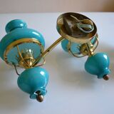 Series of 3 vintage brass and blue opaline wall lamps