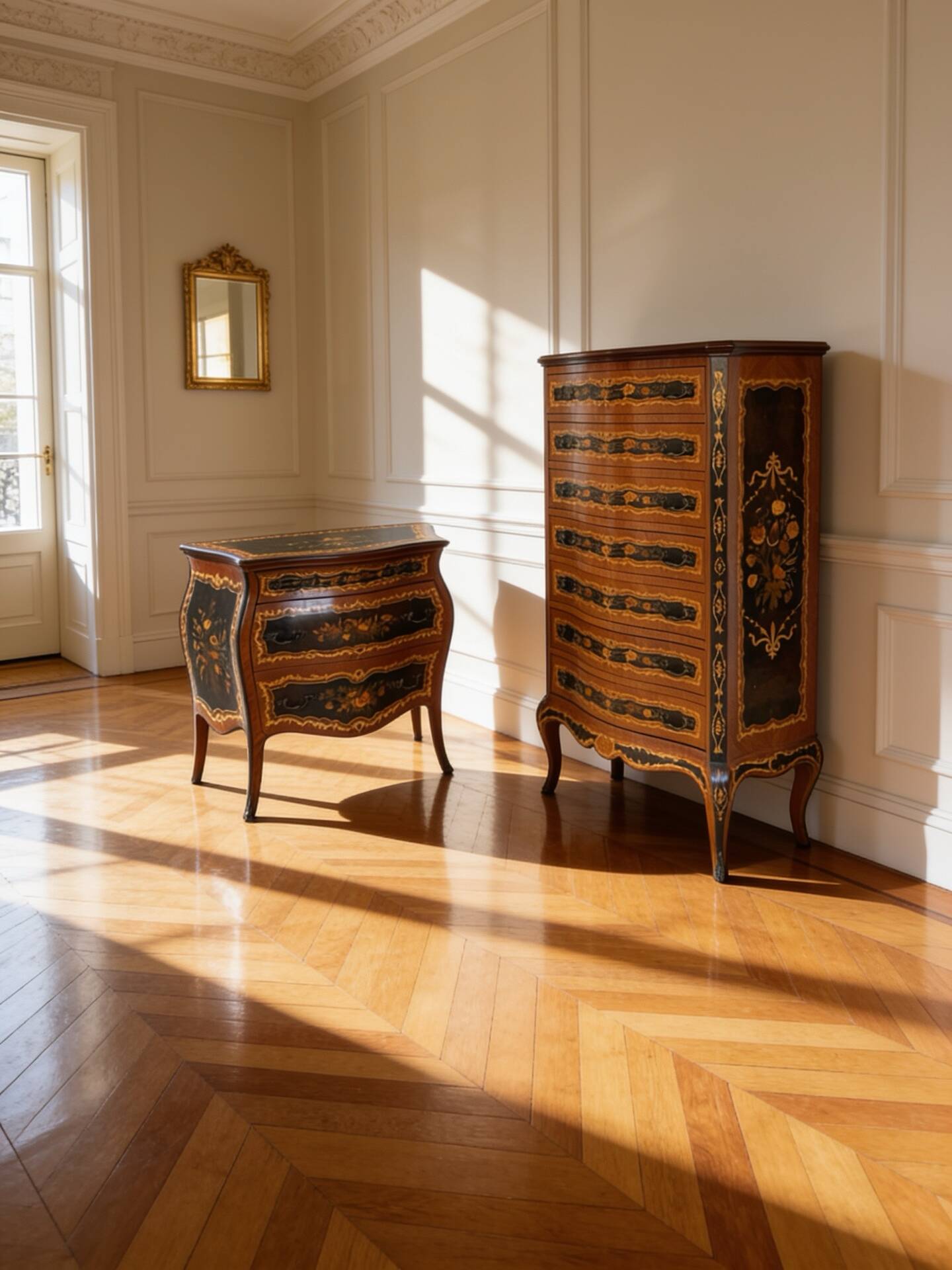 Wooden bedroom suite with inlays in mid-century Italian style, by Pacifici Prete, Rome.