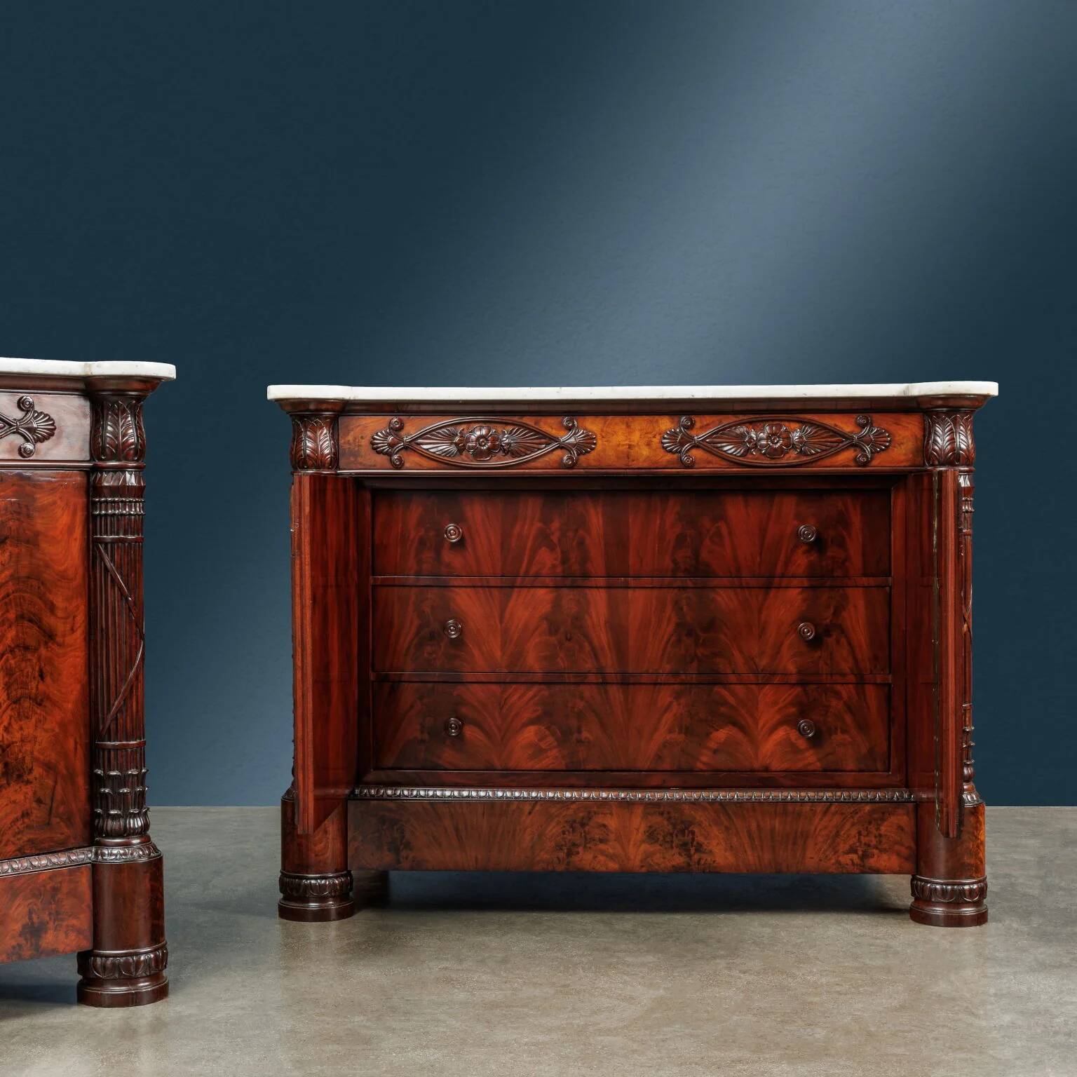 Restored antique buffets in chestnut, mahogany, and marble, 19th century.