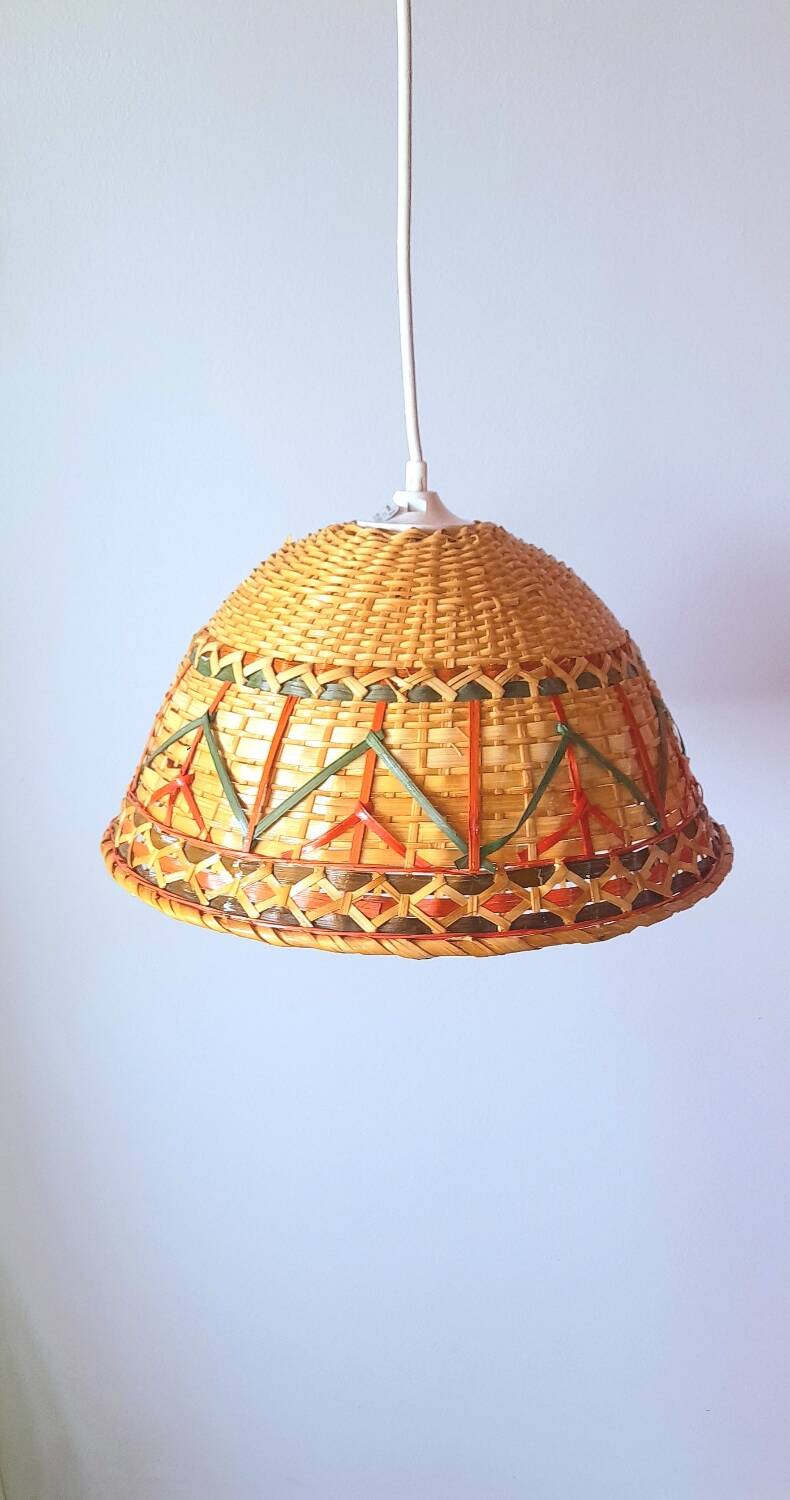 Woven wicker pendant light, 1970s.