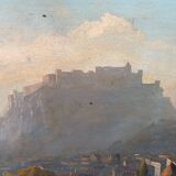 Grande peinture à l'huile sur toile d'une vue de Salzbourg du 19ème siècle