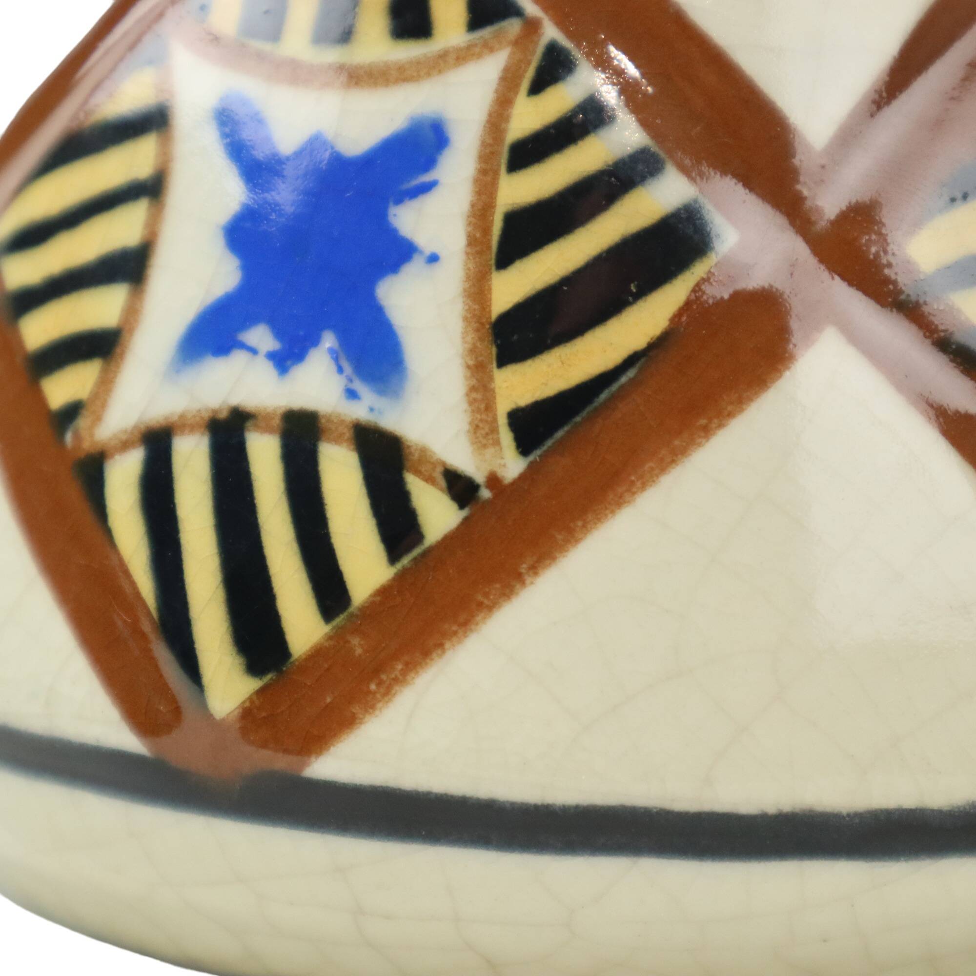 Abstract belgian art deco vase amc white blue black crackle earthenware