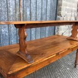 Antique farmhouse table in solid cherry wood with its 2 benches