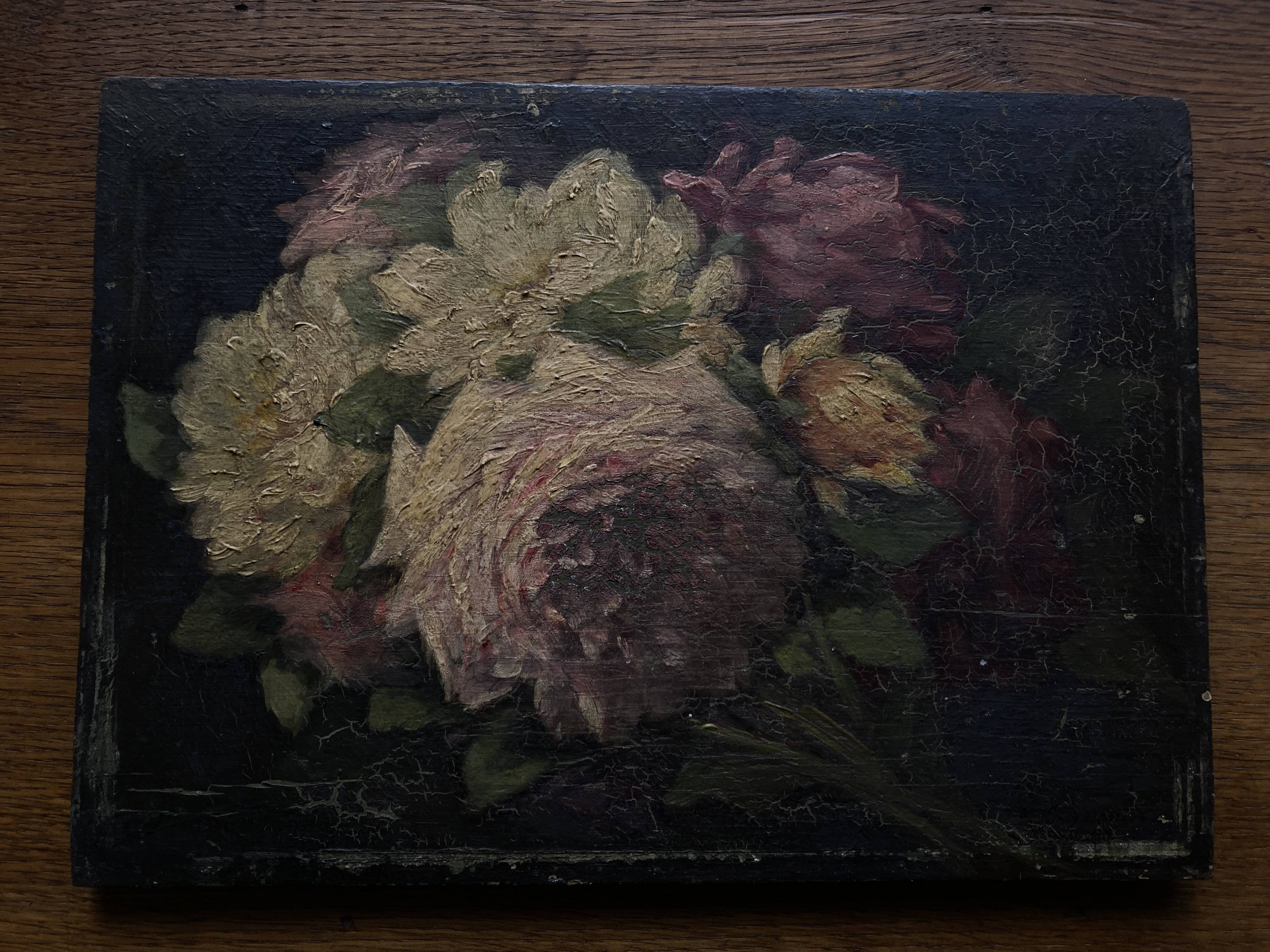 Painting of 19 roses from the garden, oil on wood.
