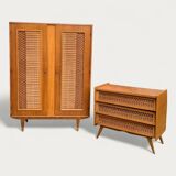 Rattan wardrobe and its compass-legged chest of drawers, 1960