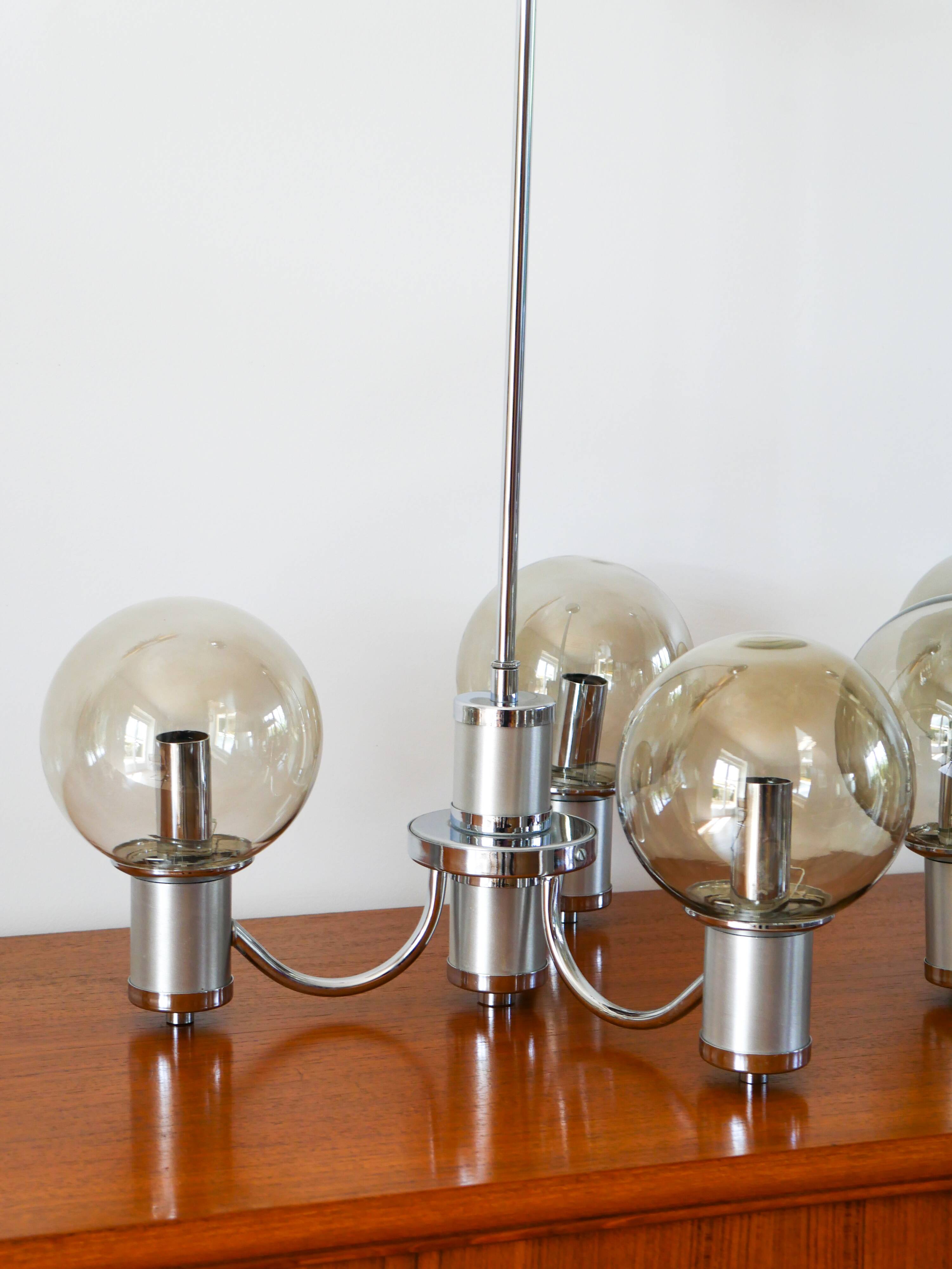 Three-branched chandelier, in chrome and smoked glass globes, Design, 1970