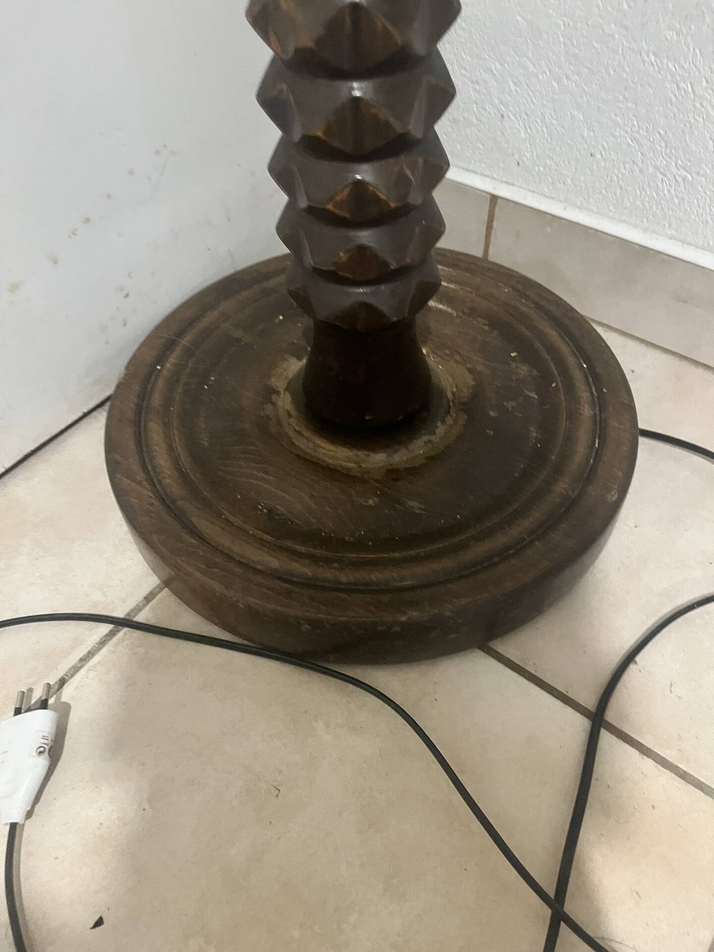 Large vintage turned wooden floor lamp — Brutalist style