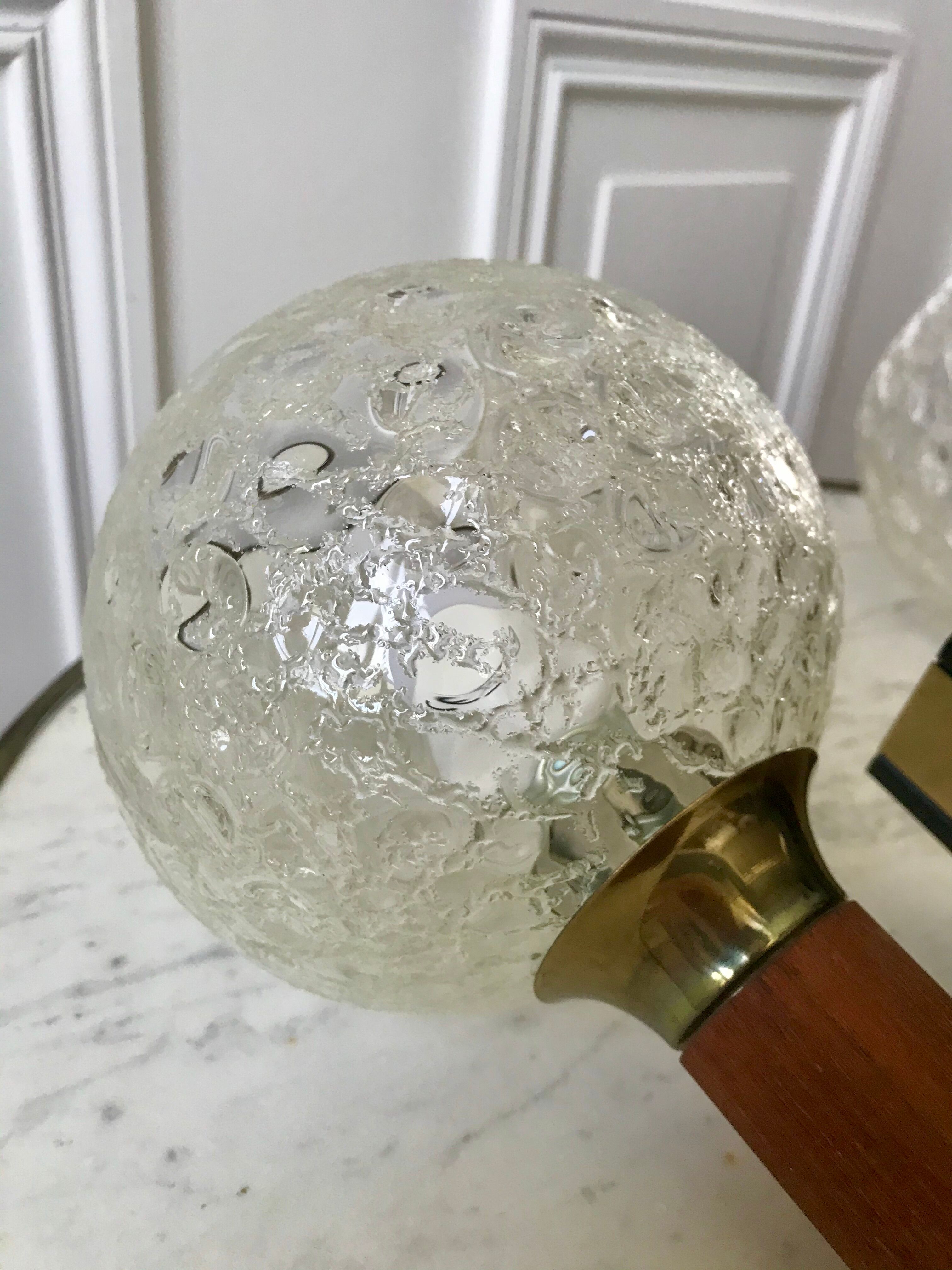 Pair of wall sconces balls in blown glass, metal and teak style 50s