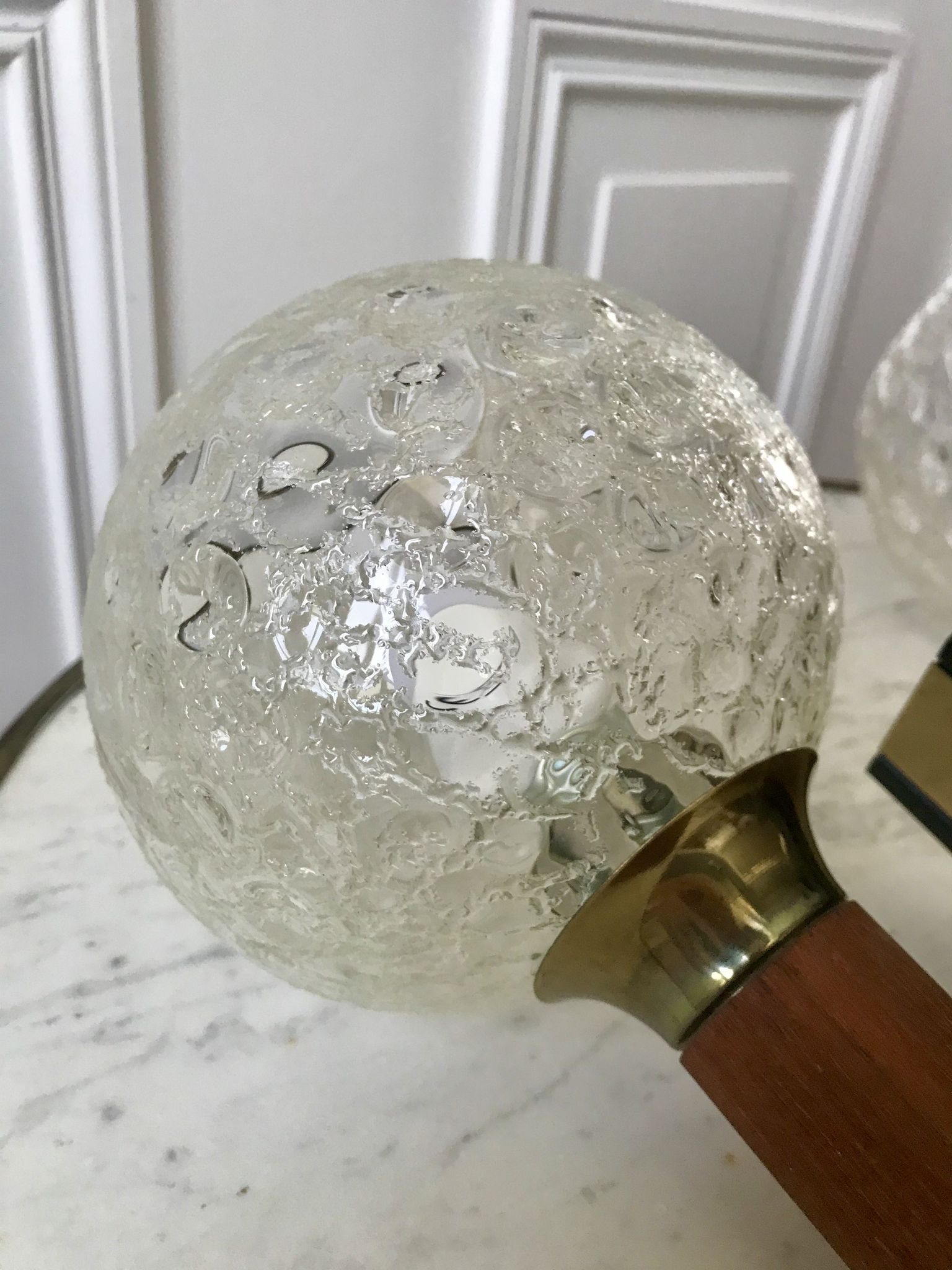 Pair of wall sconces balls in blown glass, metal and teak style 50s