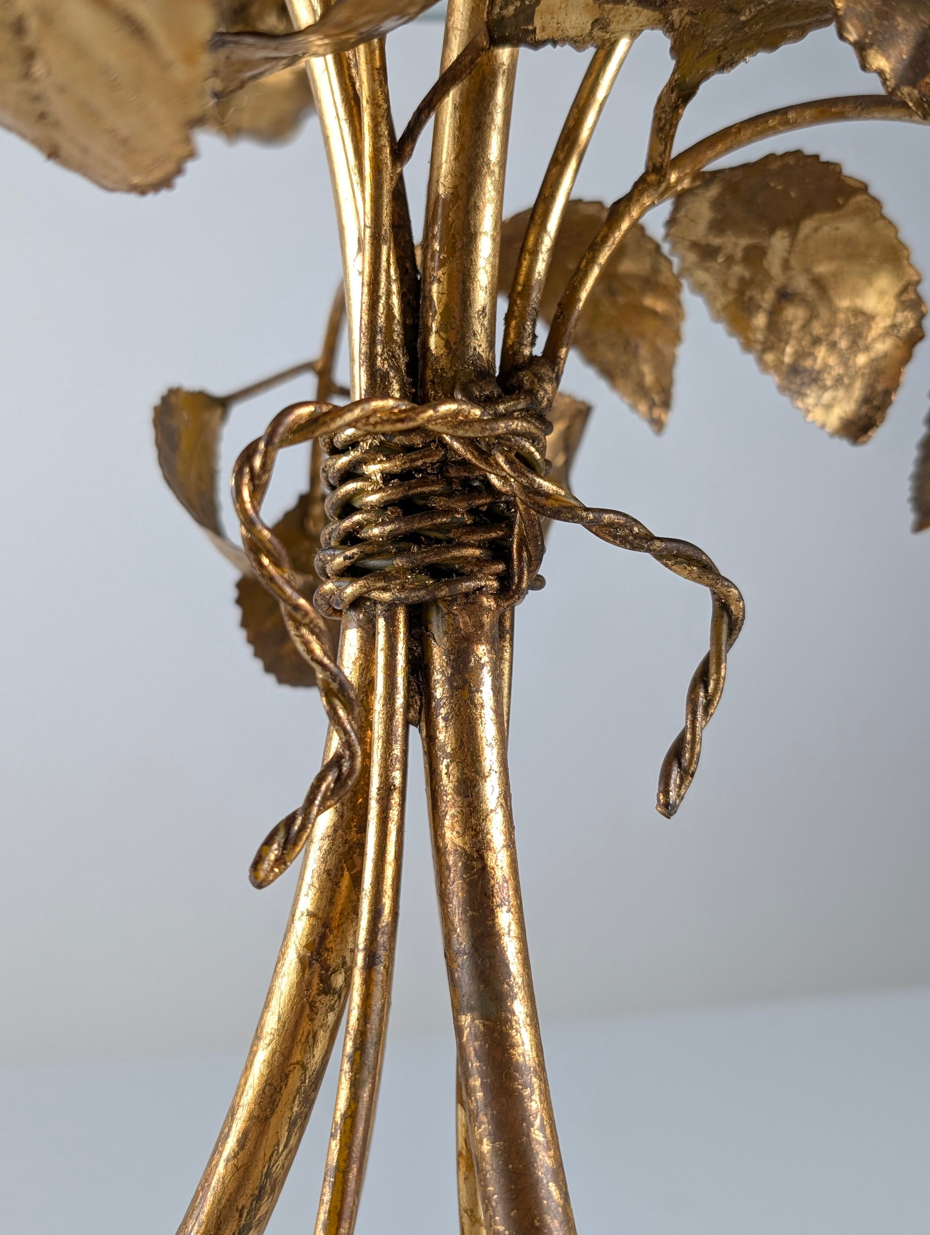 Mid-century side table in gilded metal with roses and glass top, 1970s