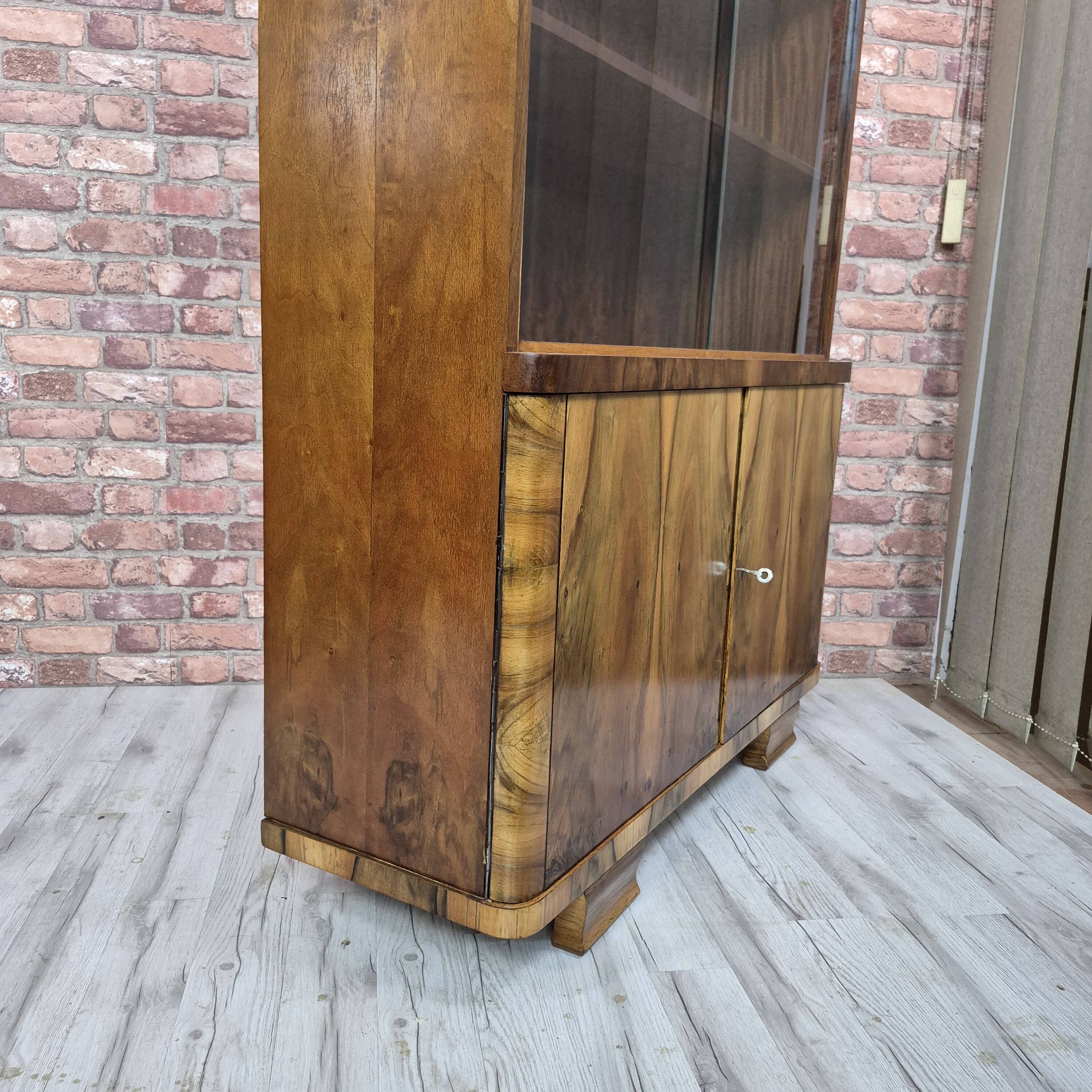 Restored 1950s Art Deco Style Bookcase Display Cabinet with Flame Veneer
