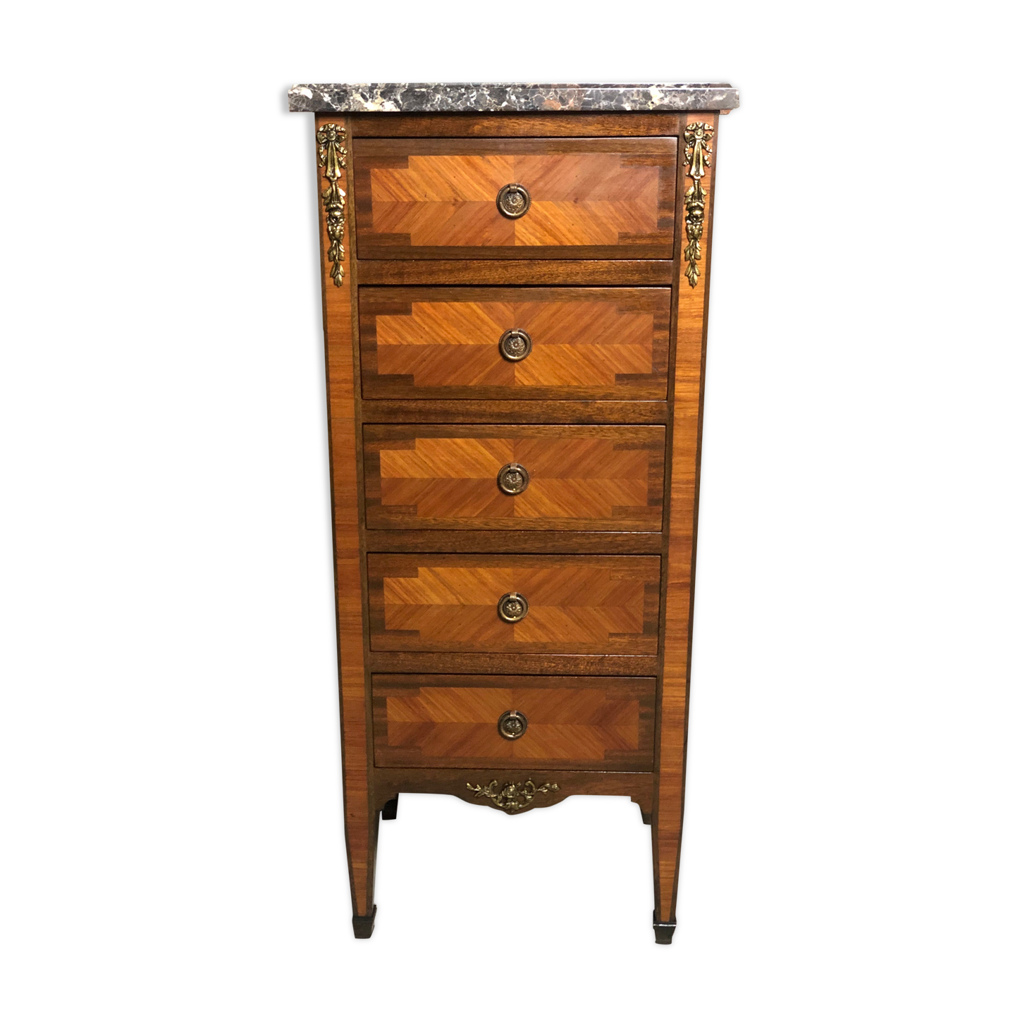 Chiffonnier / small furniture style Louis XVI marquetry on marble and bronze