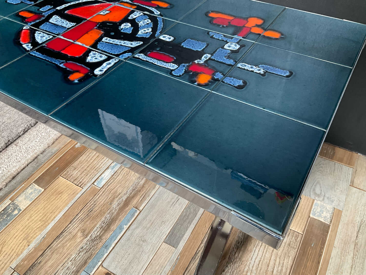 Coffee table in signed ceramic and chromed metal 70s