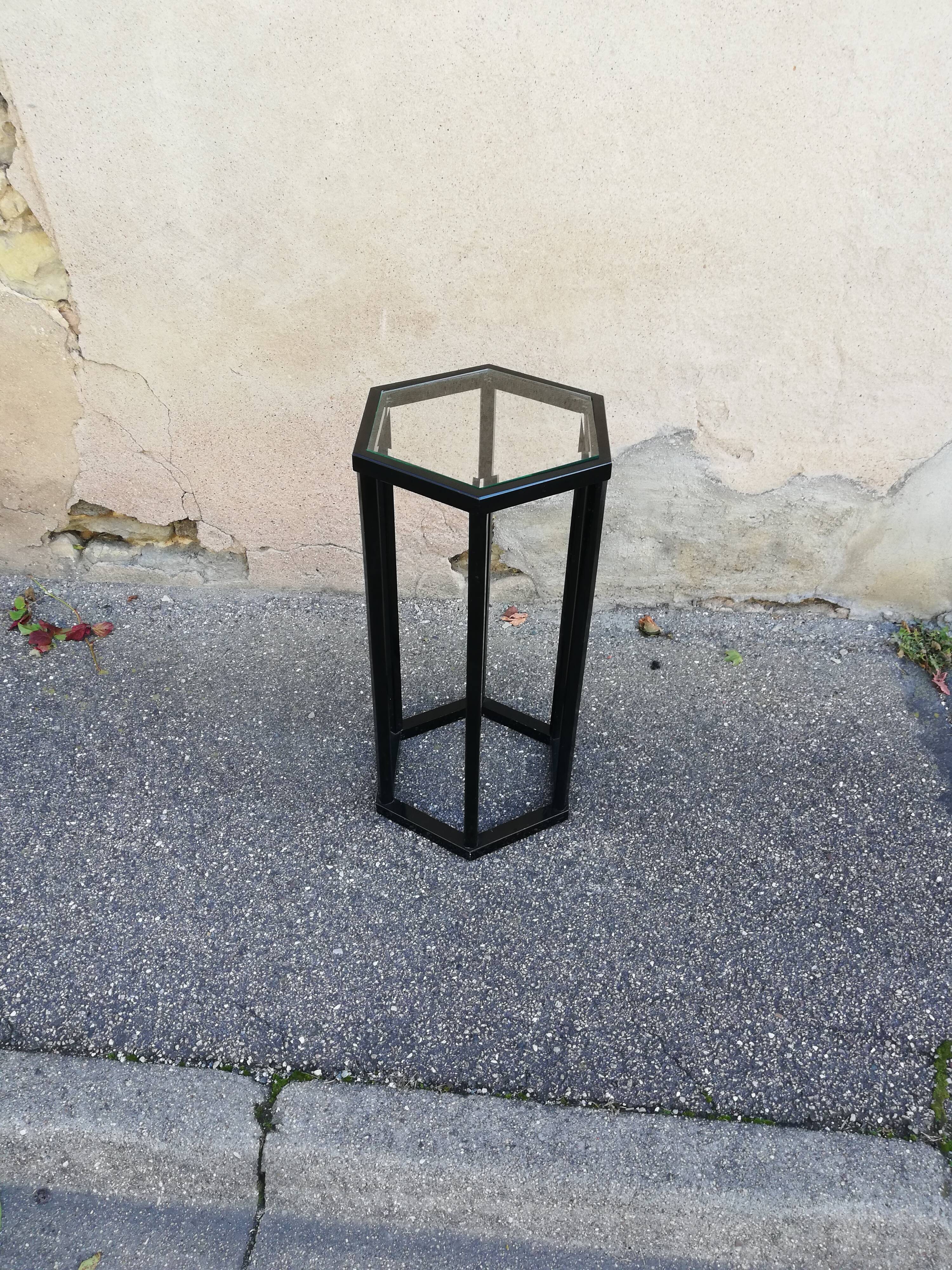 Vintage pedestal table wood and glass