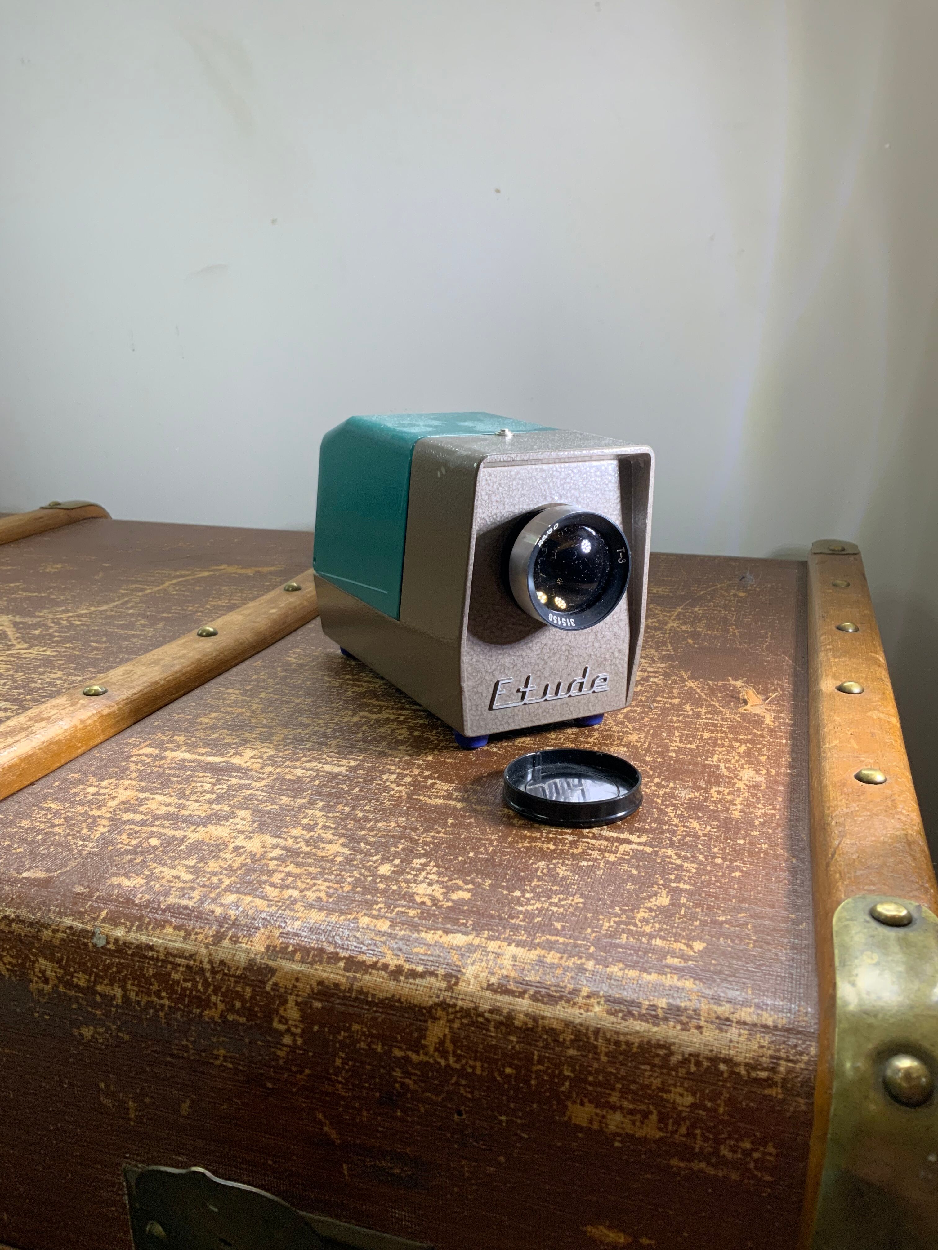 Vintage USSR slide projector in metal enamel blue and gray brand Optical study bulb