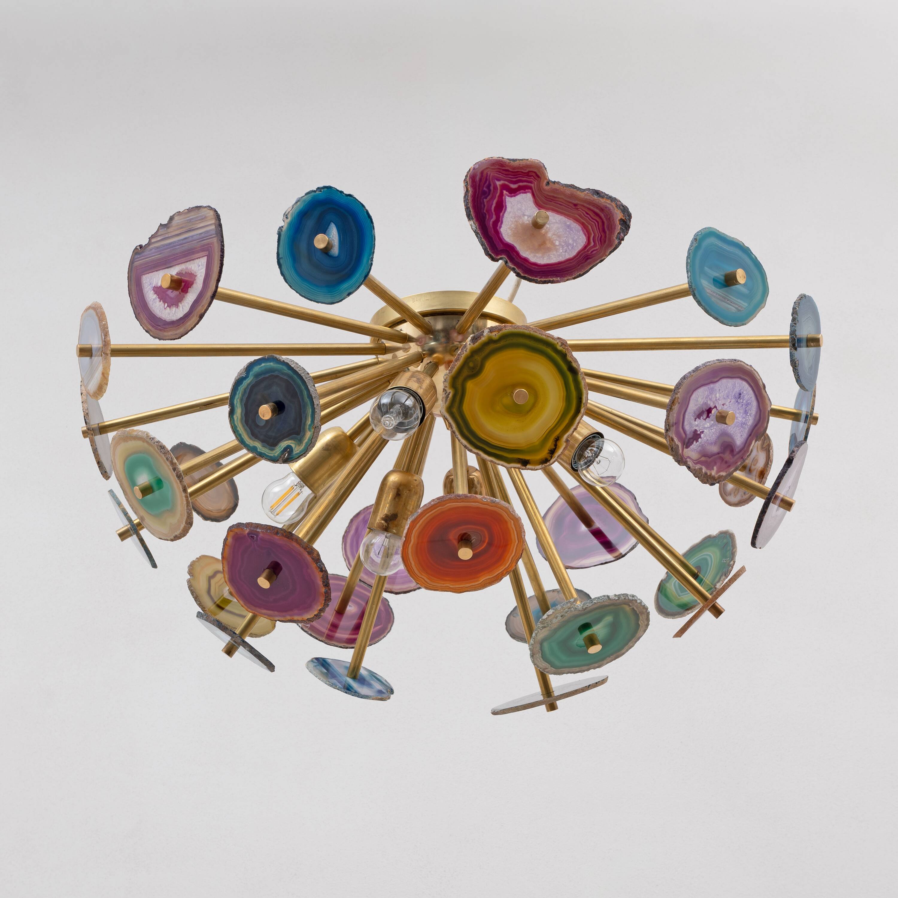 Italian-designed "Sputnik" Ceiling Lamp with Agate Stone Sections and Brass