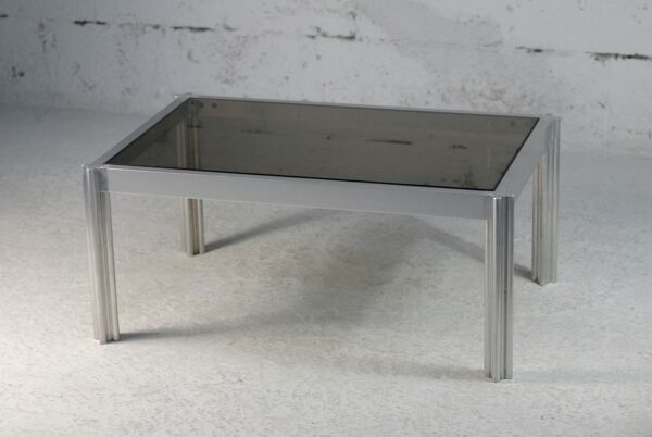 Table basse acier et verre fumé, Mobilier International, 1970