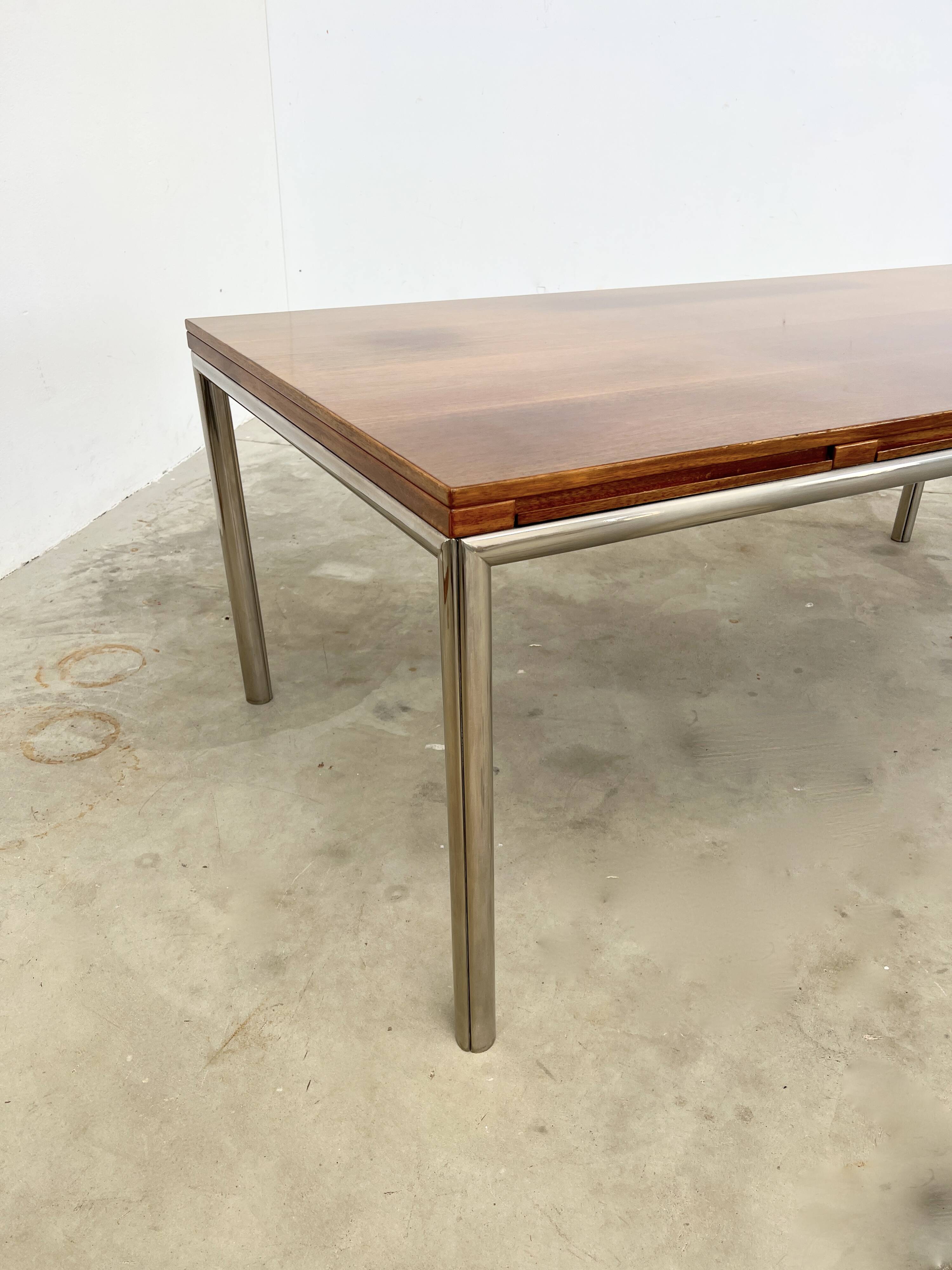 Italian walnut and chrome dining table with 4 drawers