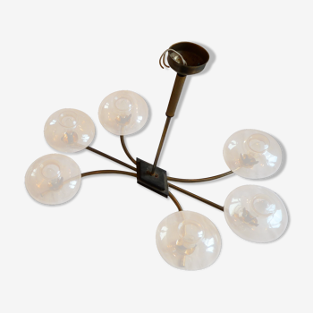 Vintage chandelier 6 lights, metal and glass, vintage 1950s