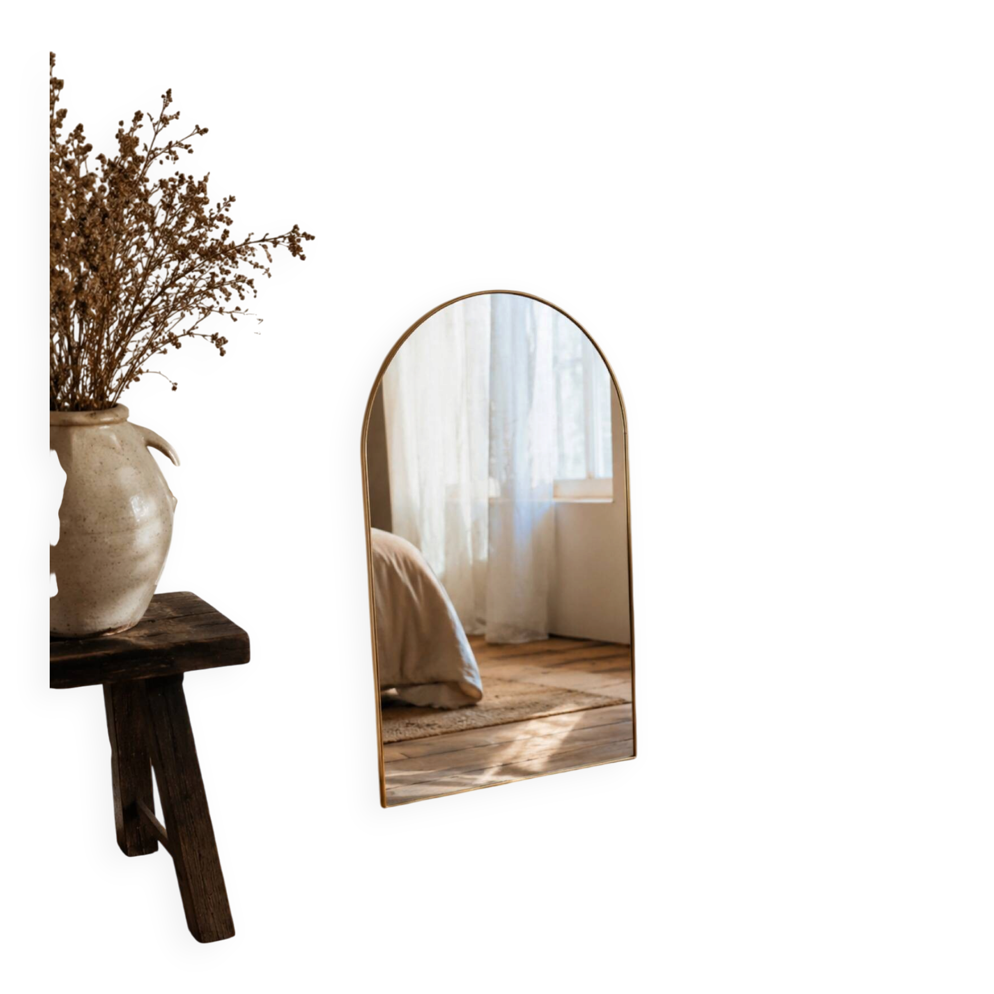 Contemporary Scandinavian mirror in gold metal with rounded corners.
