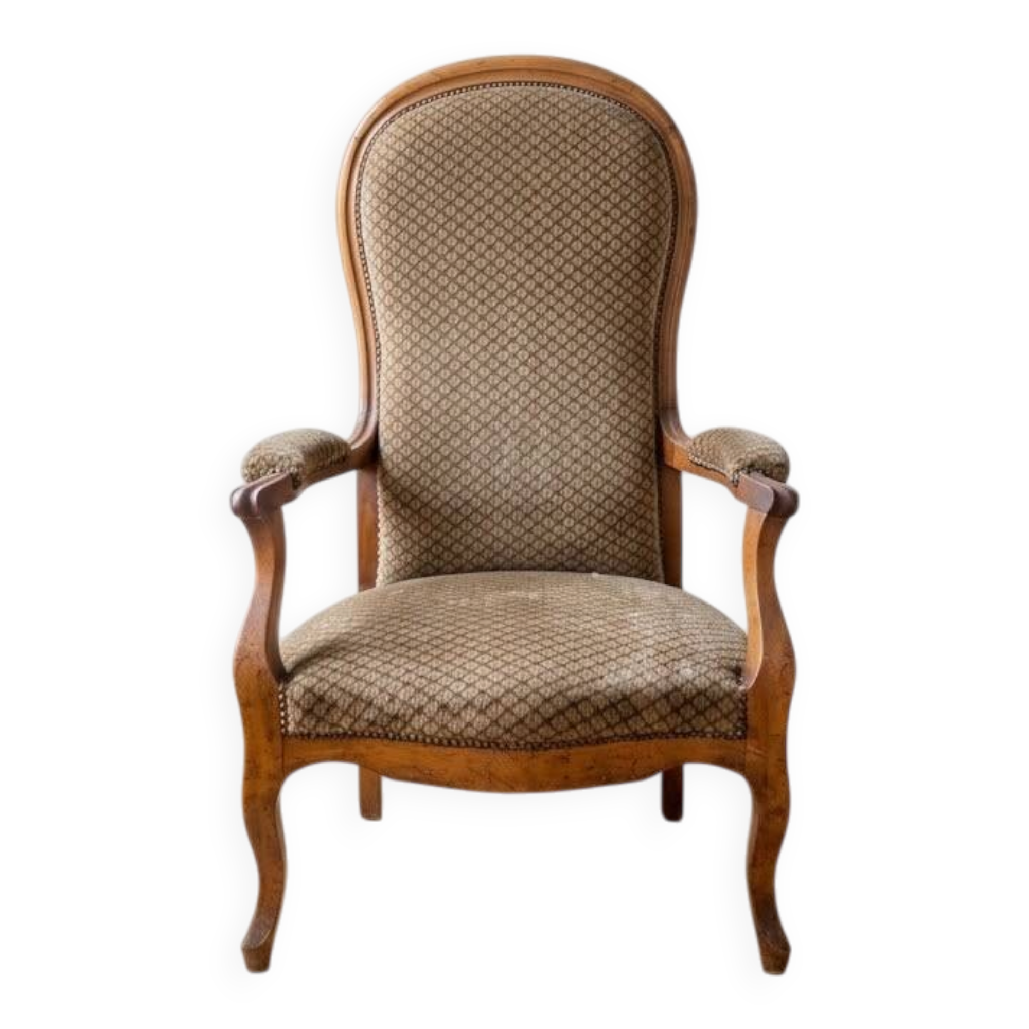 Classic Voltaire Armchair in Wood and Brown Fabric