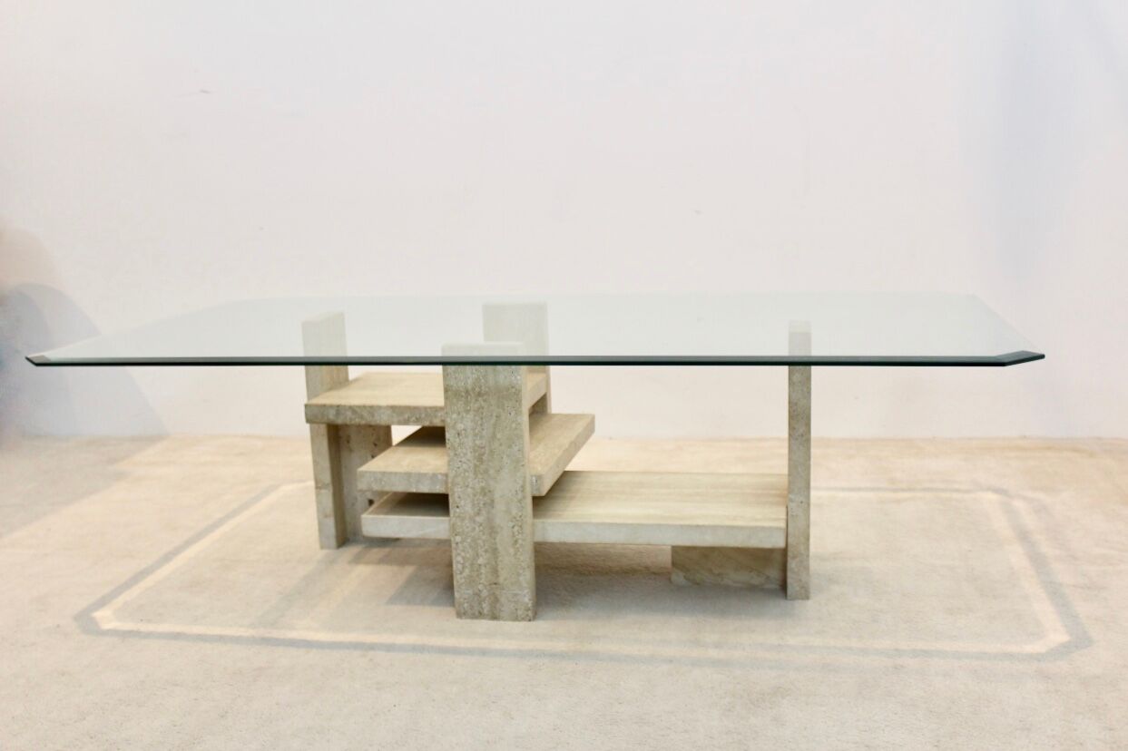 Willy Ballez travertine and cubist glass sculptural coffee table