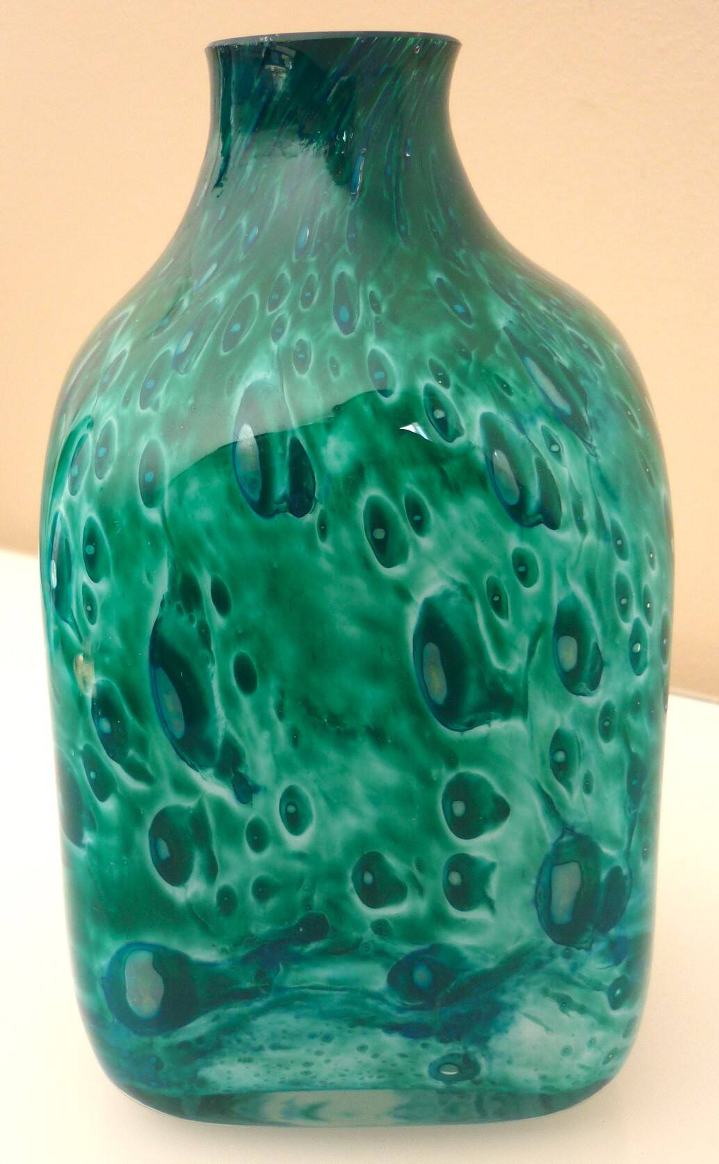 White multi-layer blown glass bottle vase with blue and green inclusions