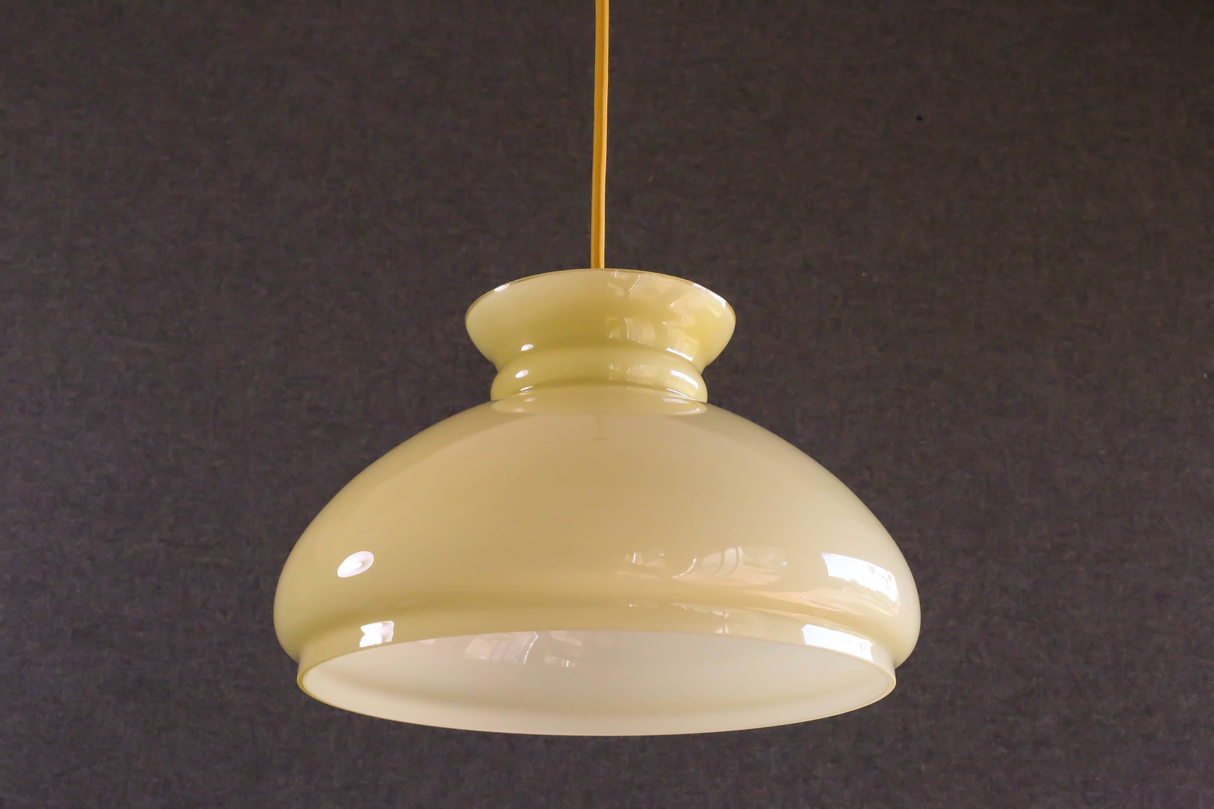 Old pendant light in pale young glass - mounted with cable and new socket