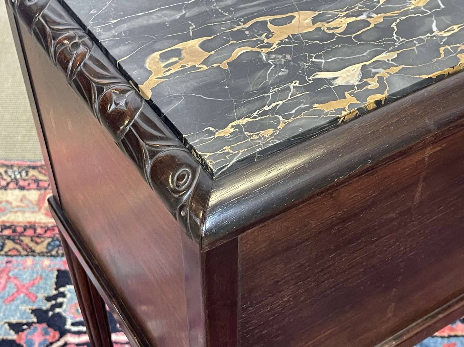 Art Deco bedside table in rosewood, walnut burl, and marble top.