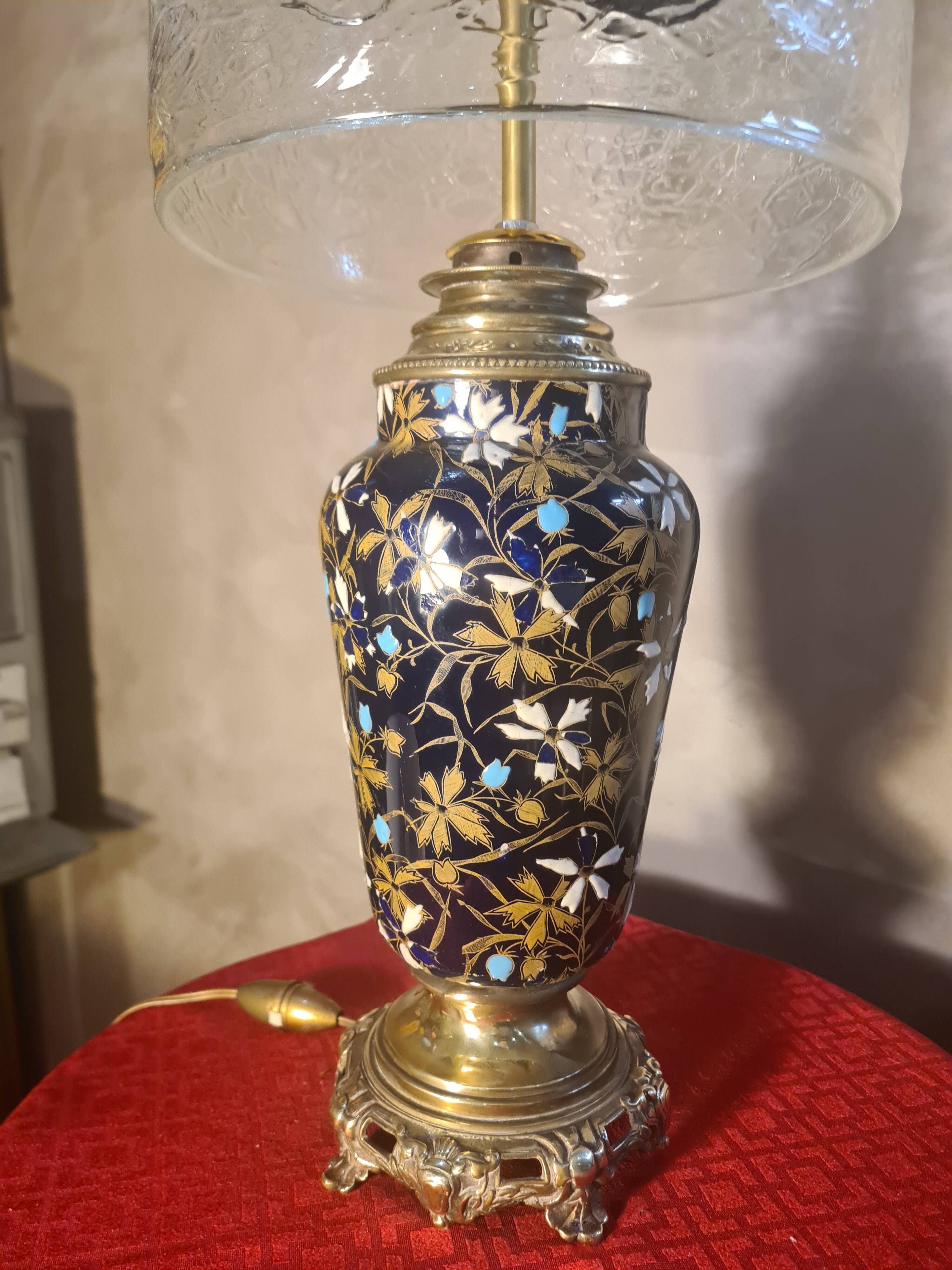 ceramic lamp in Gien style, and bronze, 54x25 with glass shade