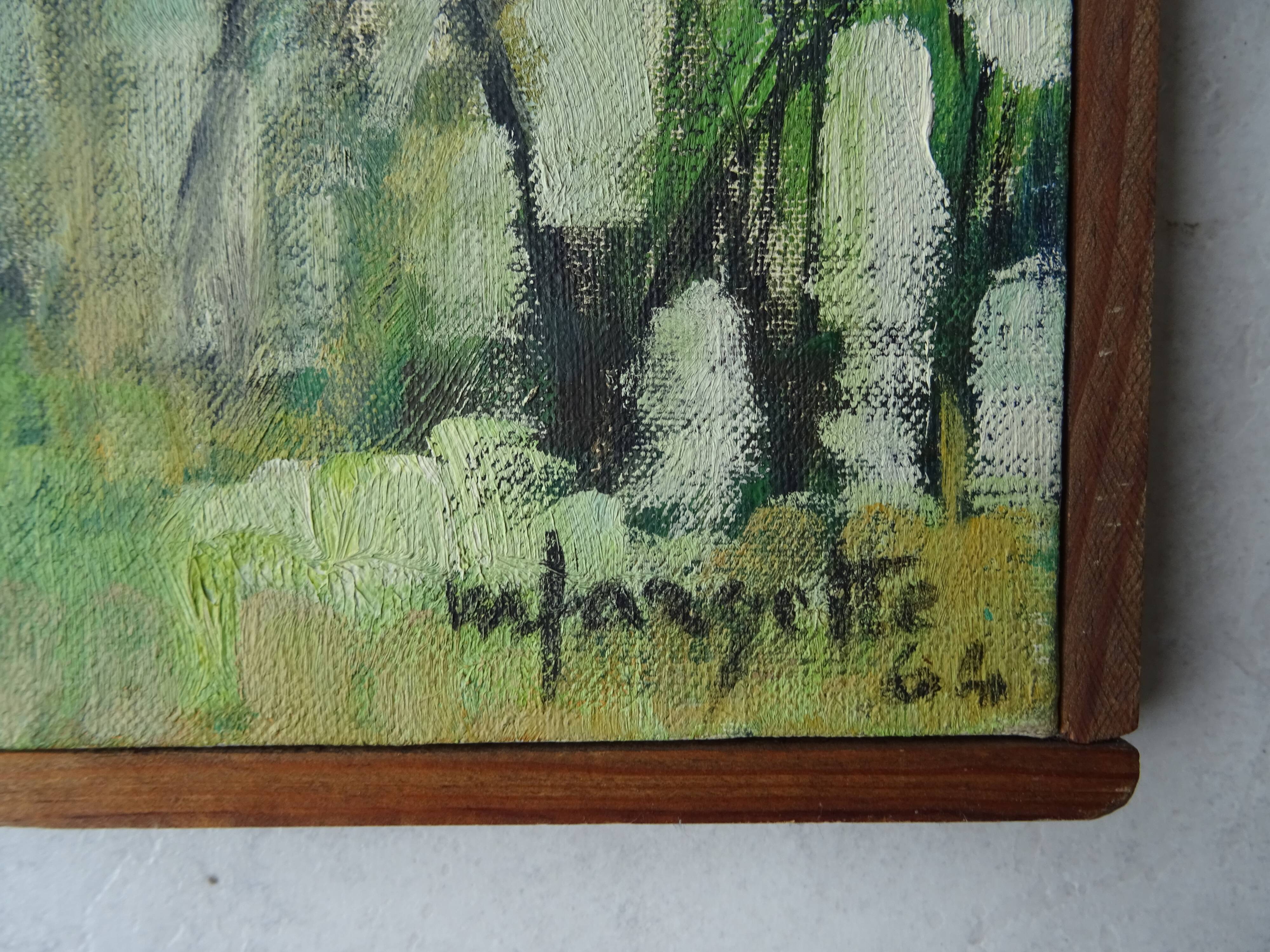 Landscape painting riverside 1964 vintage M. Fargette