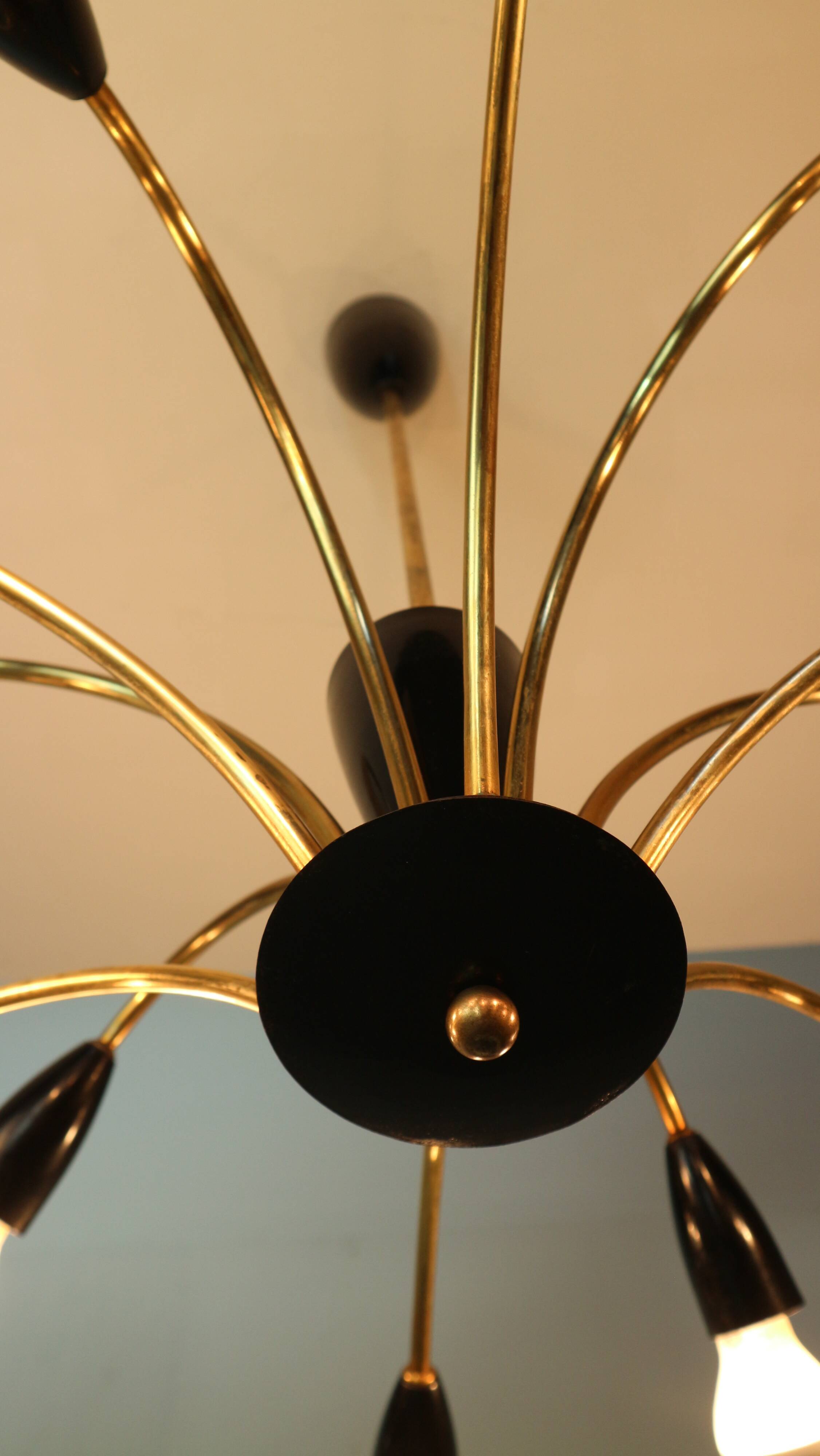Italian Black and brass 12 arm Spider Chandelier  1950s