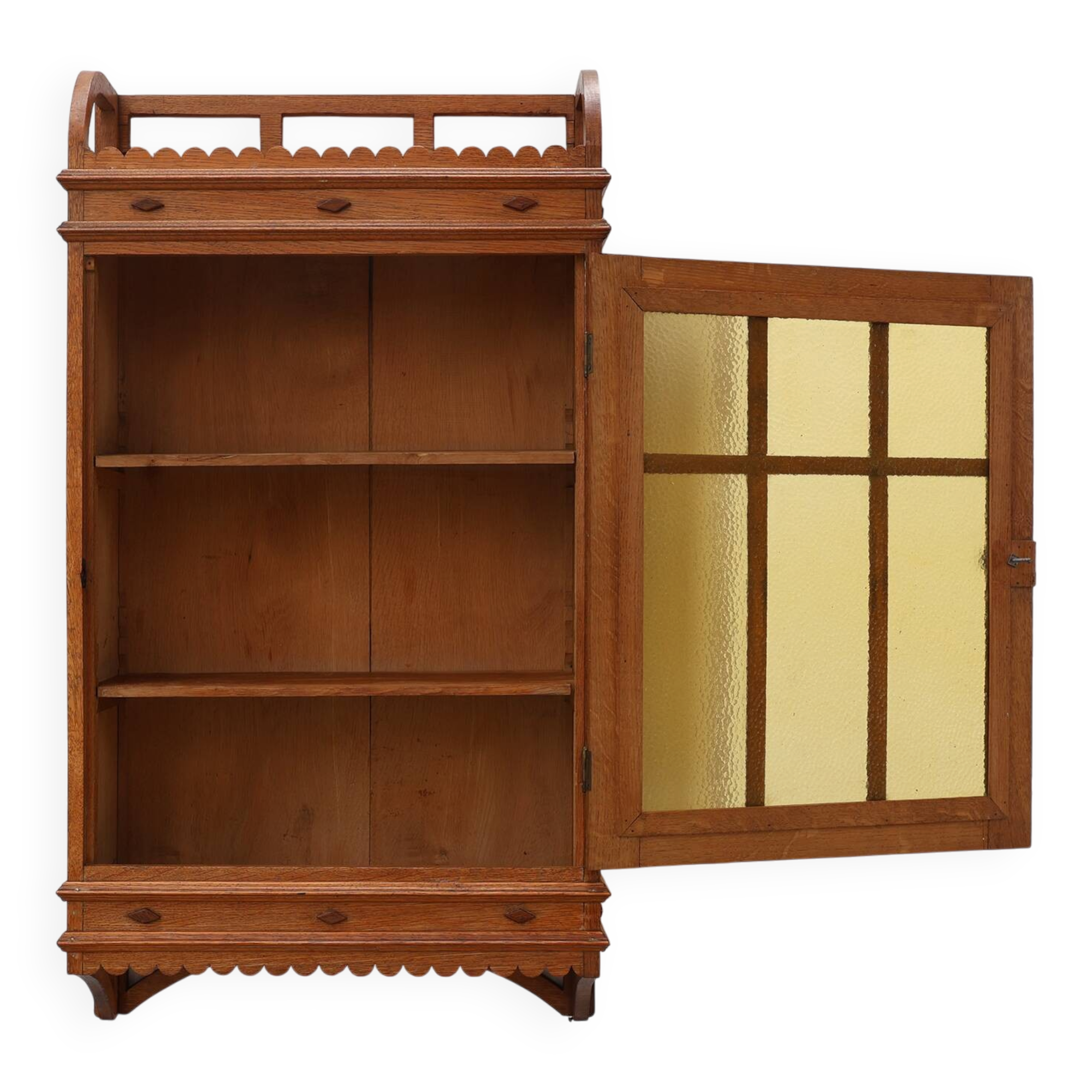 Art Deco oak wall cabinet with amber glazed door, Belgium ca. 1925