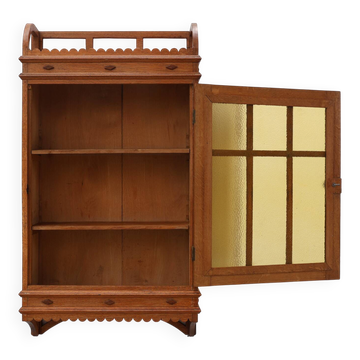 Cabinet mural en chêne Art Déco avec porte en verre ambre, Belgique vers 1925