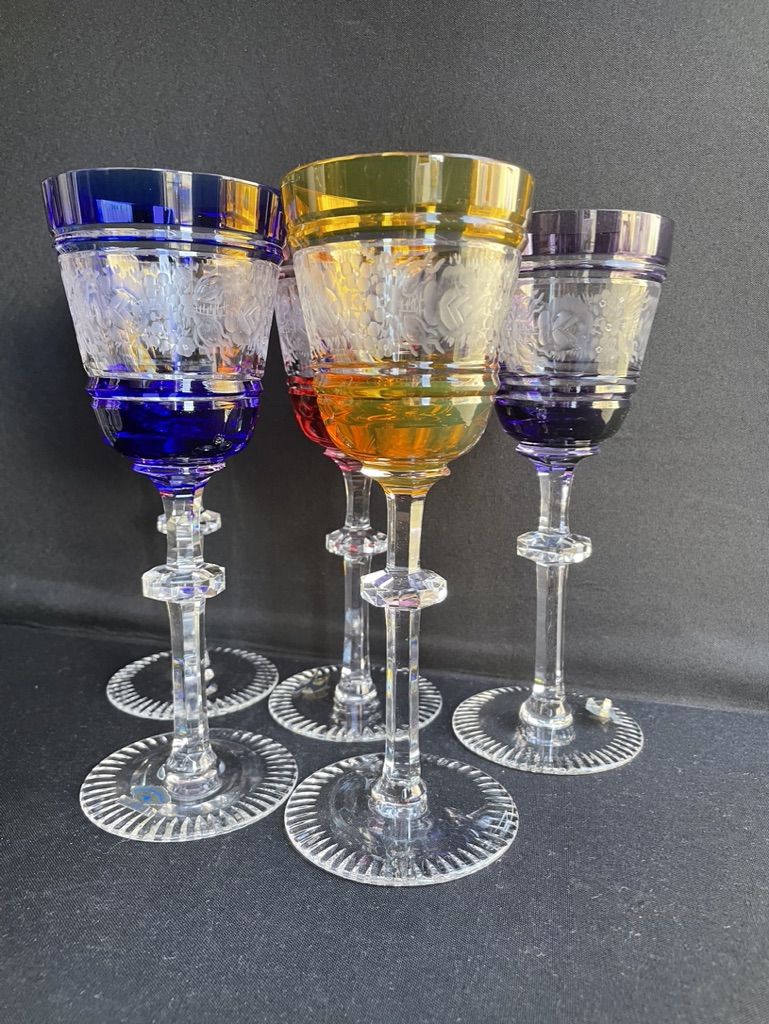 Josephinenhütte - red wine glasses (5) - Art Nouveau - Cut and engraved Crystal Roemer