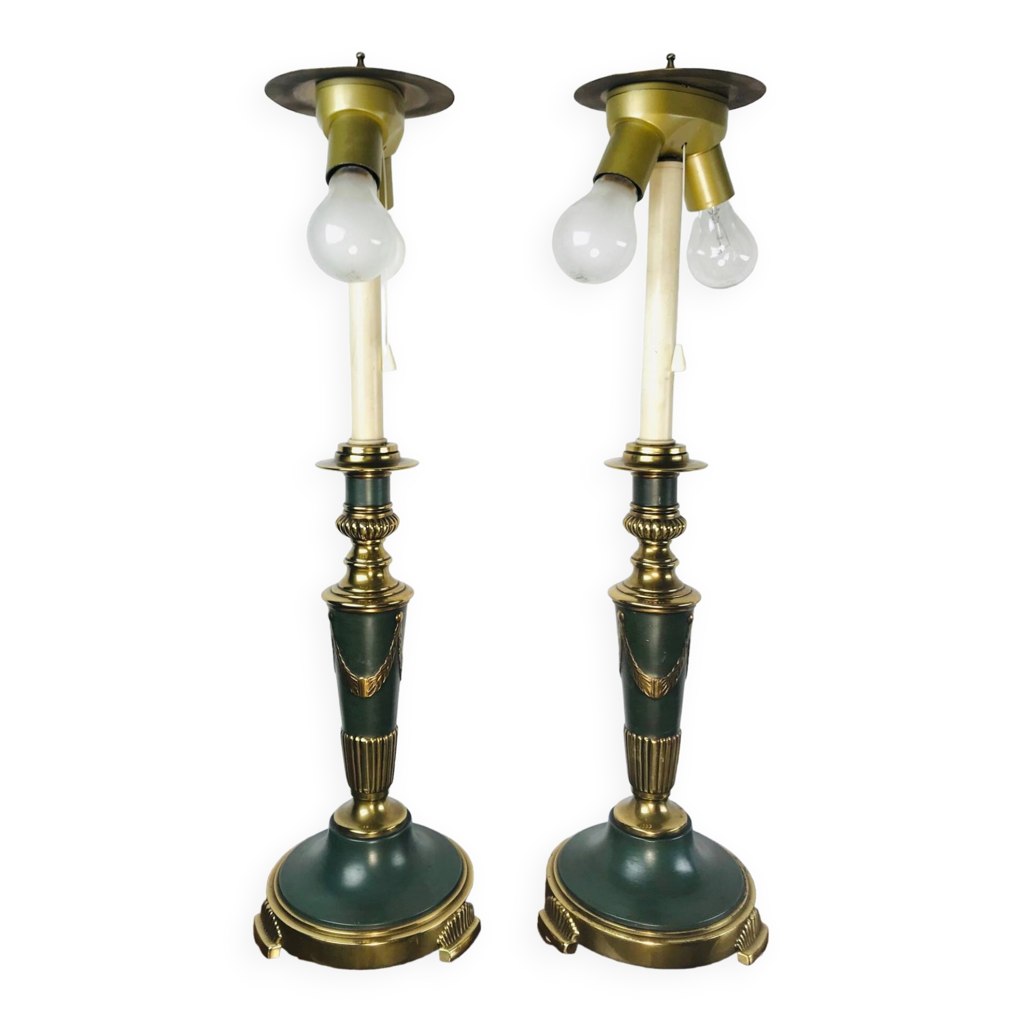 Vintage dutch brass and green table lamps from kullmann, 1970s, set of 2 table lamps. baroque