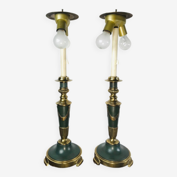 Vintage dutch brass and green table lamps from kullmann, 1970s, set of 2 table lamps. baroque